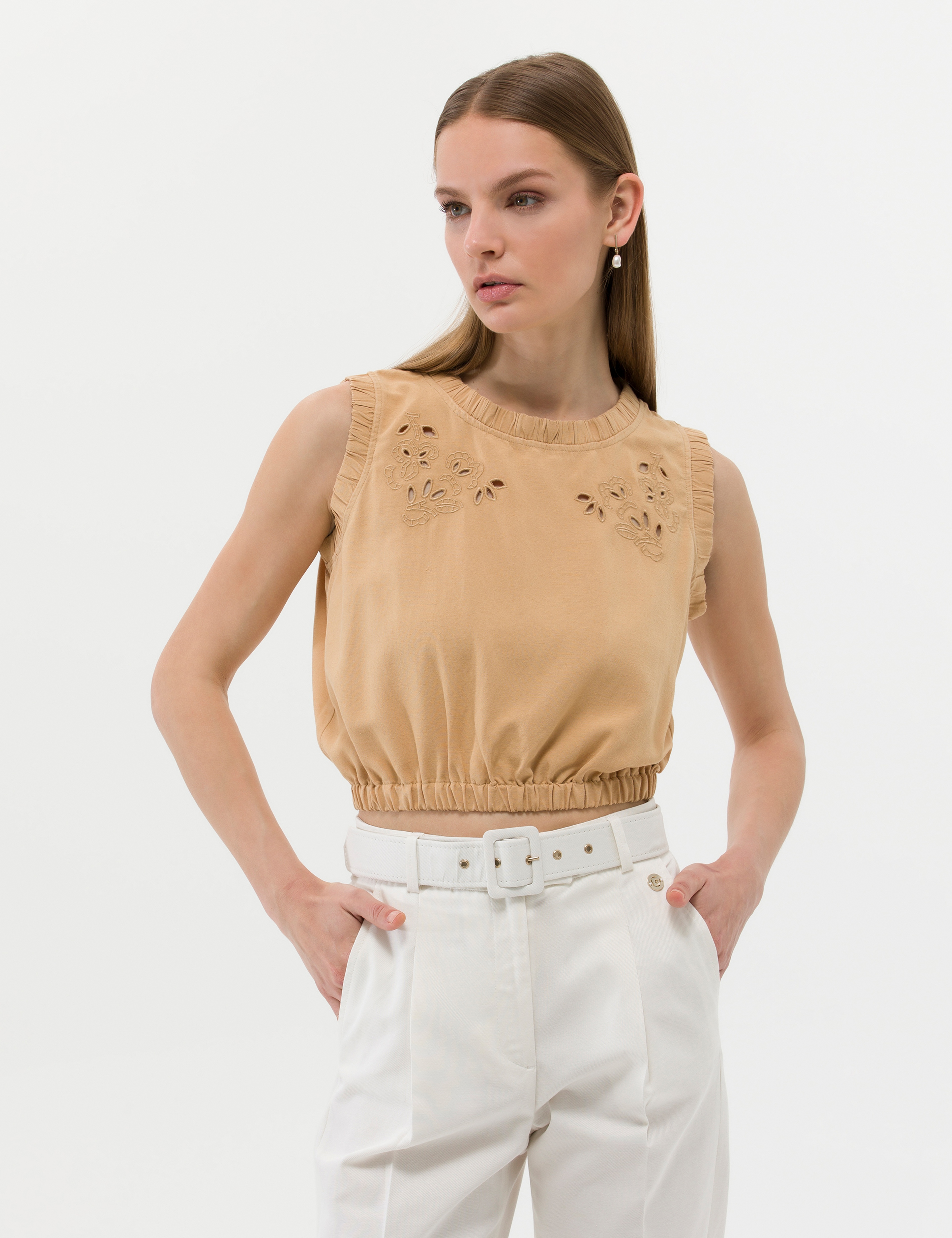 Bej Keten Karışımlı Crop Top Kolsuz Bluz