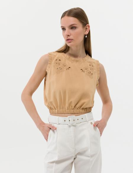 Bej Keten Karışımlı Crop Top Kolsuz Bluz - 50262547031