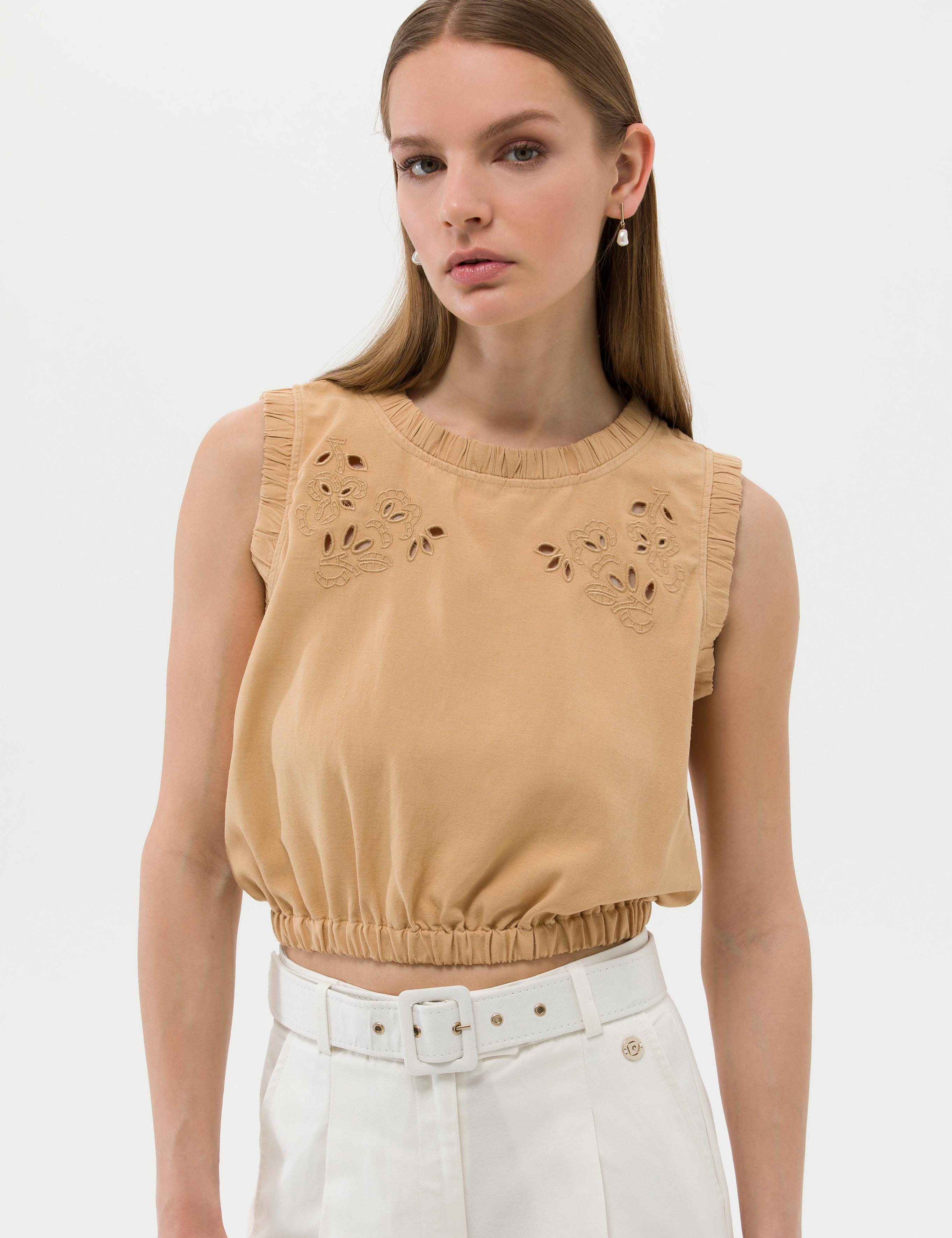 Bej Keten Karışımlı Crop Top Kolsuz Bluz