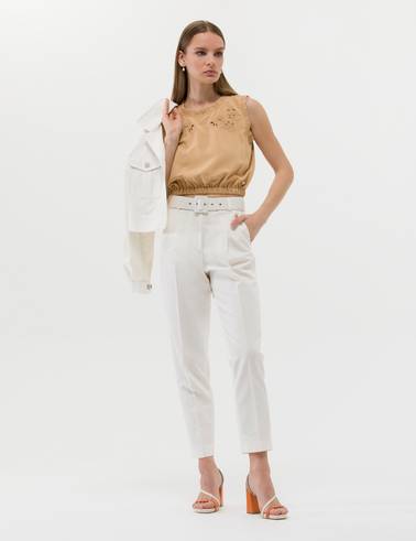 Bej Keten Karışımlı Crop Top Kolsuz Bluz