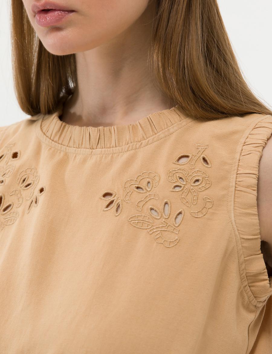 Bej Keten Karışımlı Crop Top Kolsuz Bluz