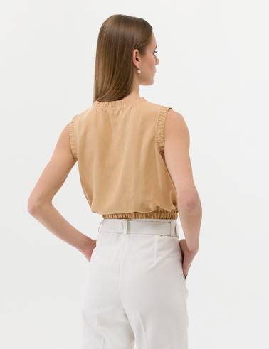 Bej Keten Karışımlı Crop Top Kolsuz Bluz