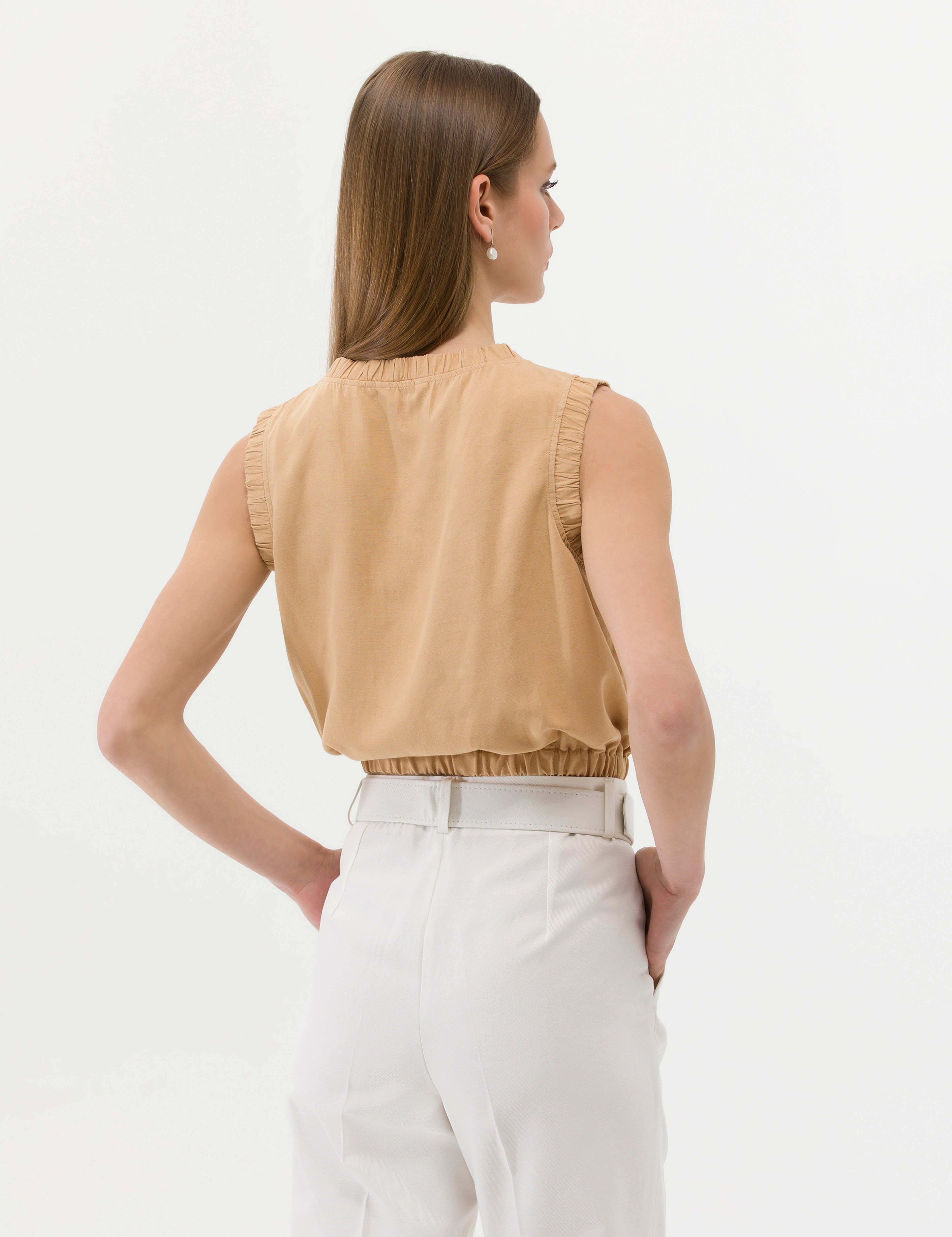 Bej Keten Karışımlı Crop Top Kolsuz Bluz - Image 5