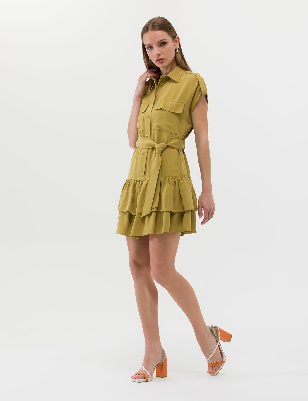 Yeşil Kuşak Detaylı Volanlı Elbise - 50262964018