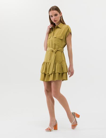 Yeşil Kuşak Detaylı Volanlı Elbise - 50262964018