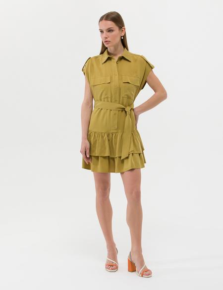 Yeşil Kuşak Detaylı Volanlı Elbise - 50262964018