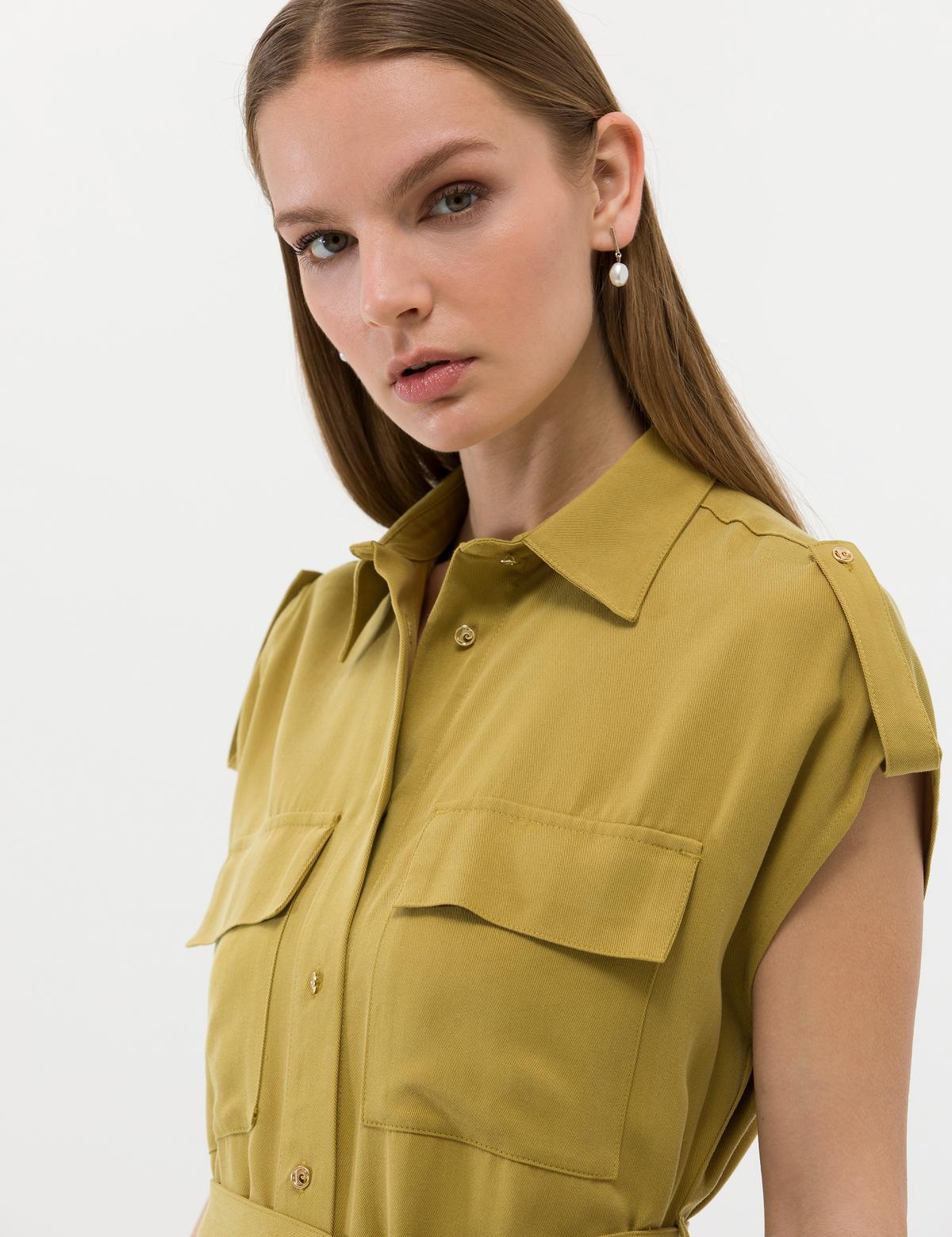 Yeşil Kuşak Detaylı Volanlı Elbise - 50262964018