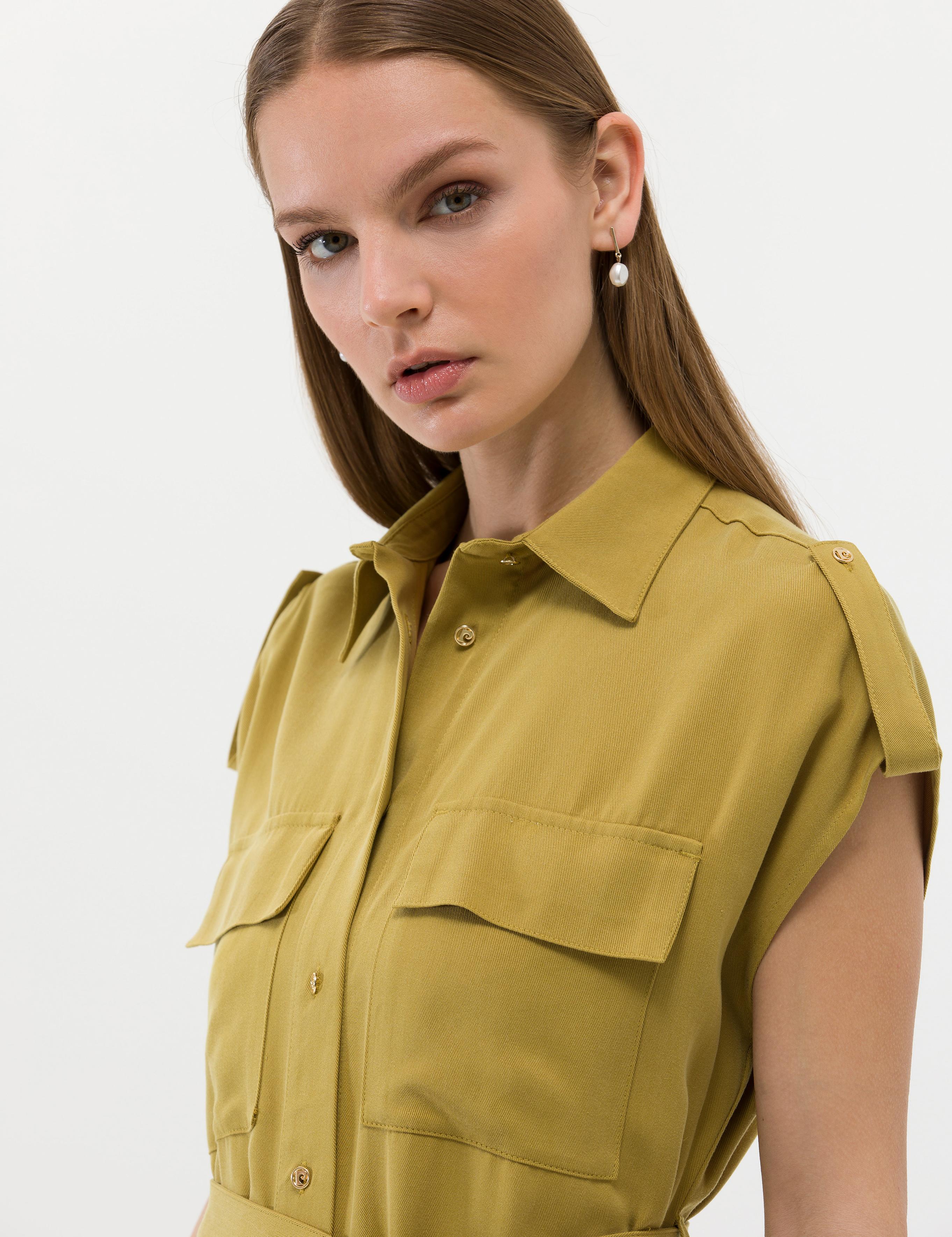 Yeşil Kuşak Detaylı Volanlı Elbise