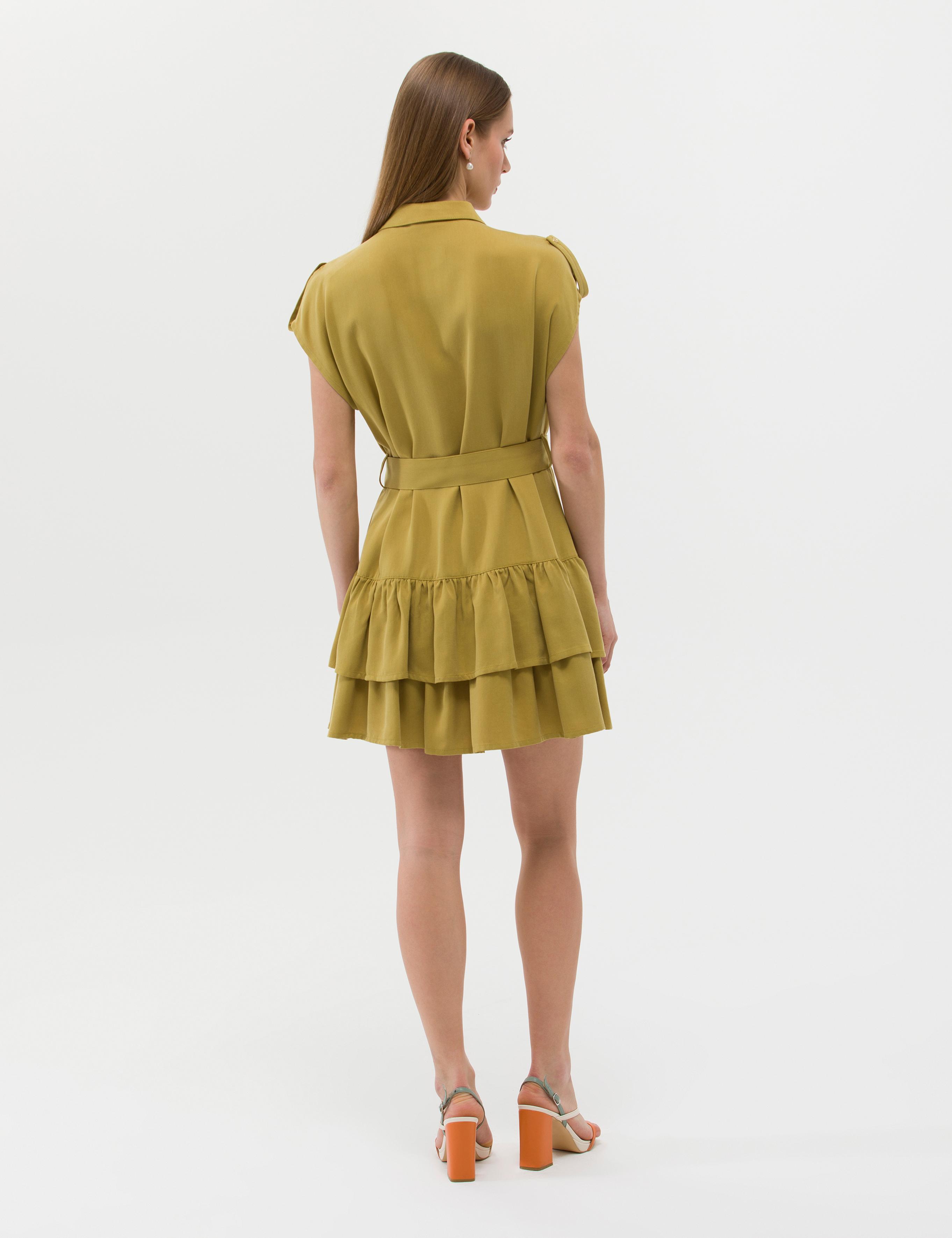 Yeşil Kuşak Detaylı Volanlı Elbise