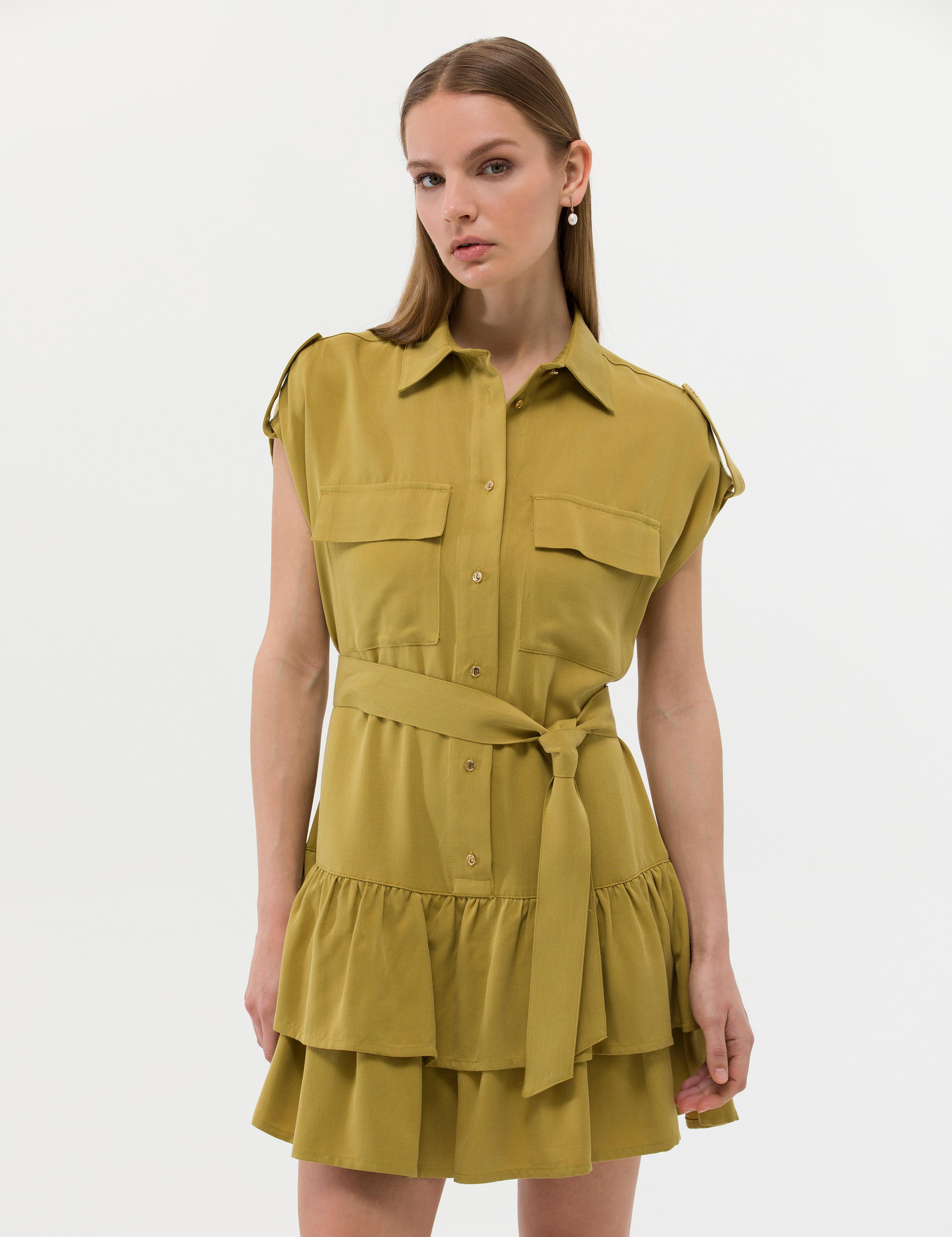 Yeşil Kuşak Detaylı Volanlı Elbise