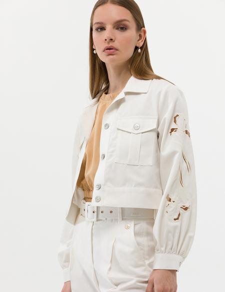 Ekru Keten Karışımlı Crop Ceket - 50263094051