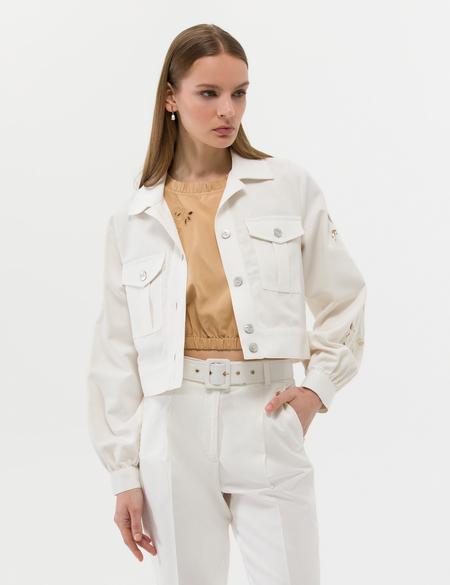 Ekru Keten Karışımlı Crop Ceket - 50263094051