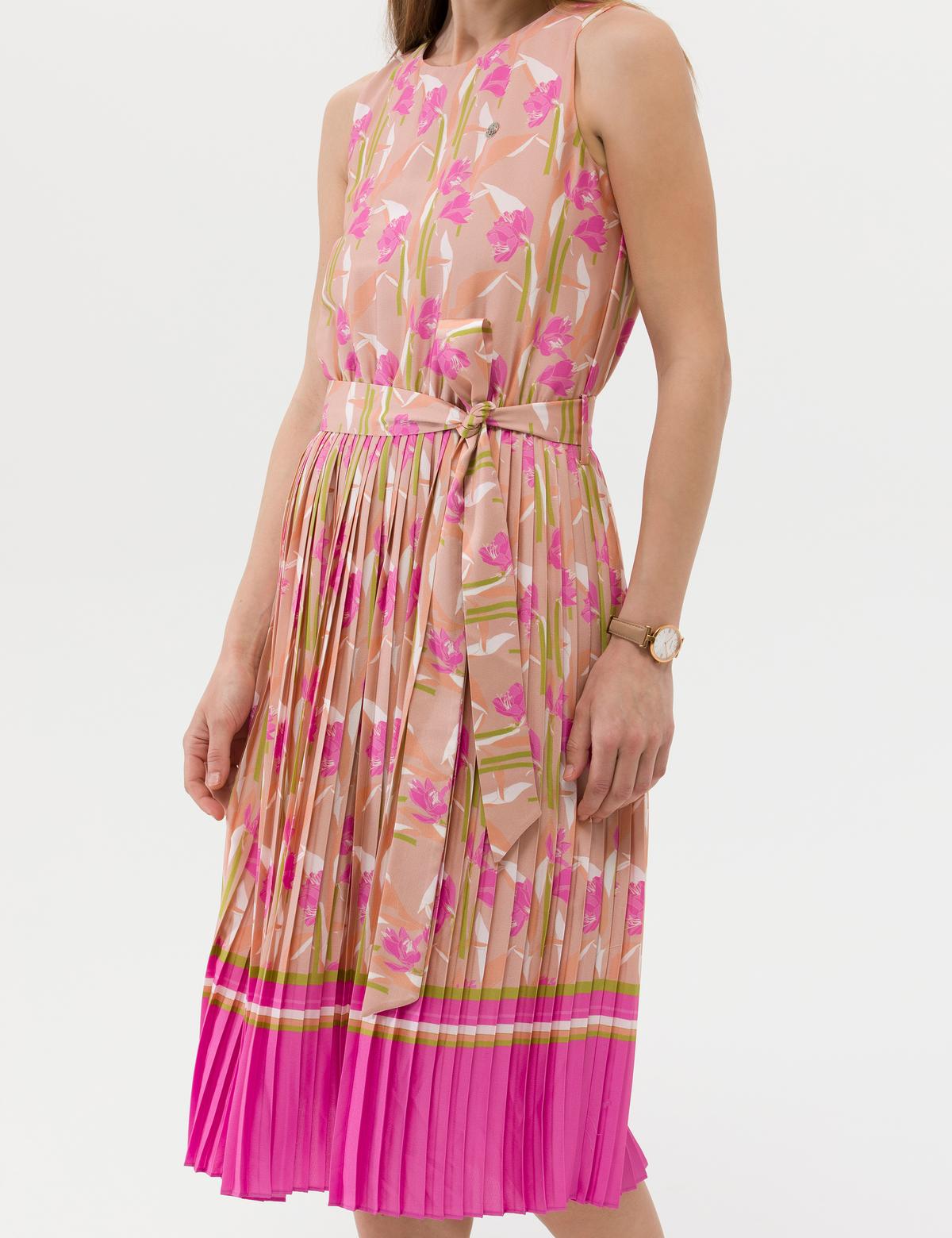 Fuşya Kuşak Detaylı Pileli Midi Elbise - 50269348003