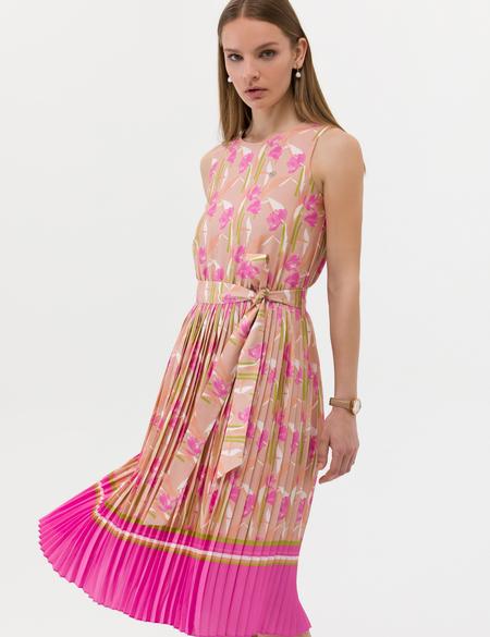 Fuşya Kuşak Detaylı Pileli Midi Elbise - 50269348003