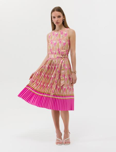 Fuşya Kuşak Detaylı Pileli Midi Elbise - 50269348003