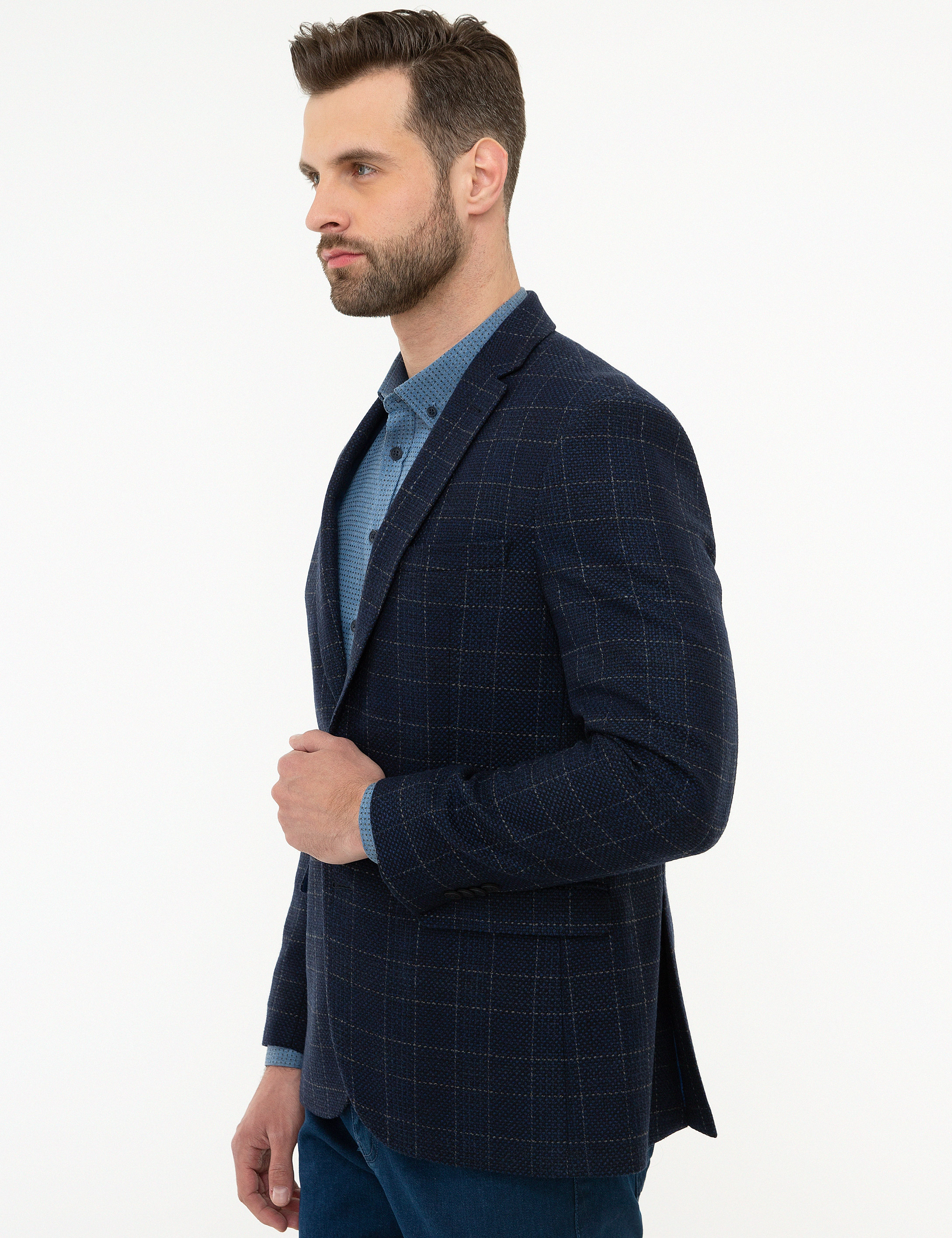 Ekose Lacivert Slim Fit Ceket