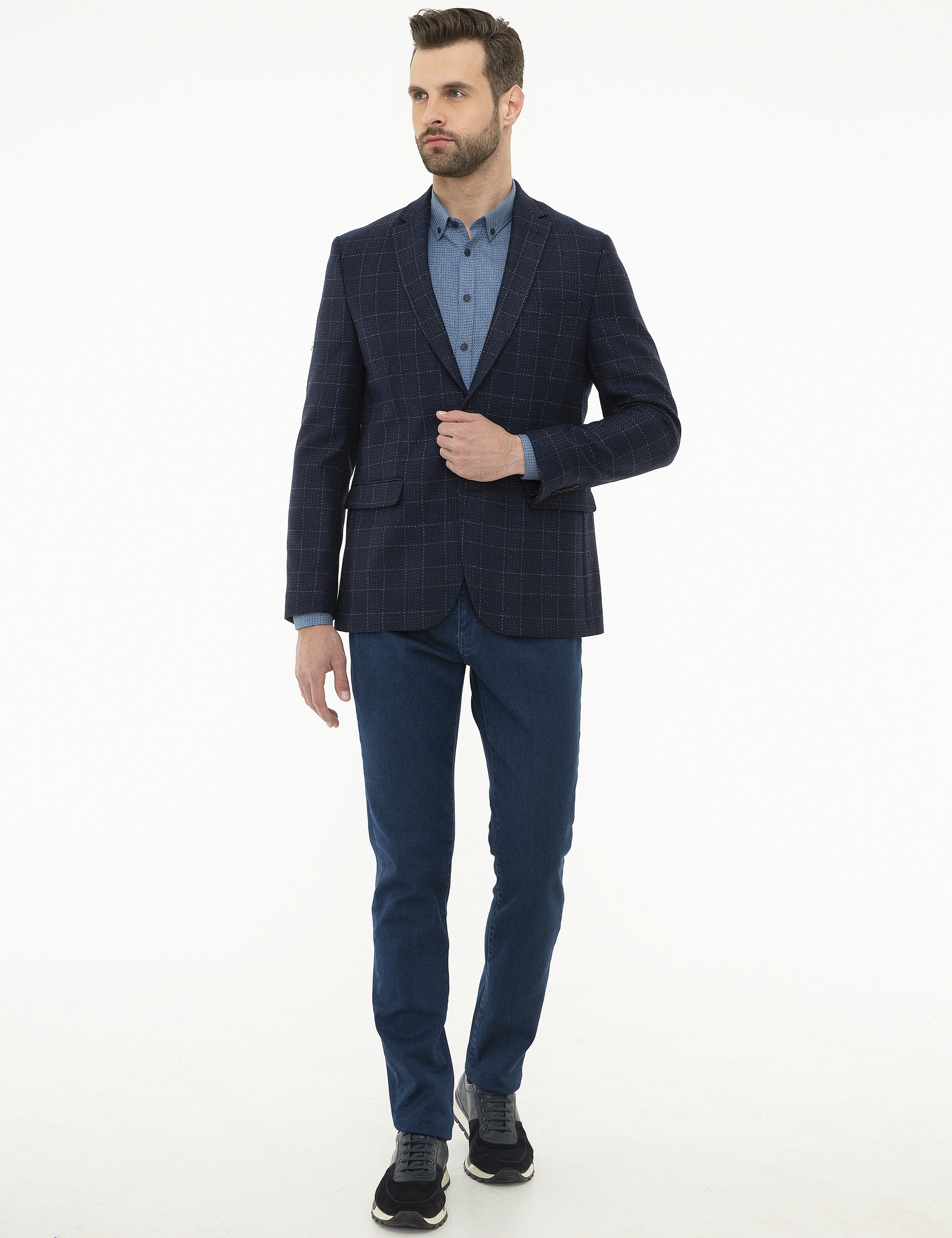 Ekose Lacivert Slim Fit Ceket - Image 5