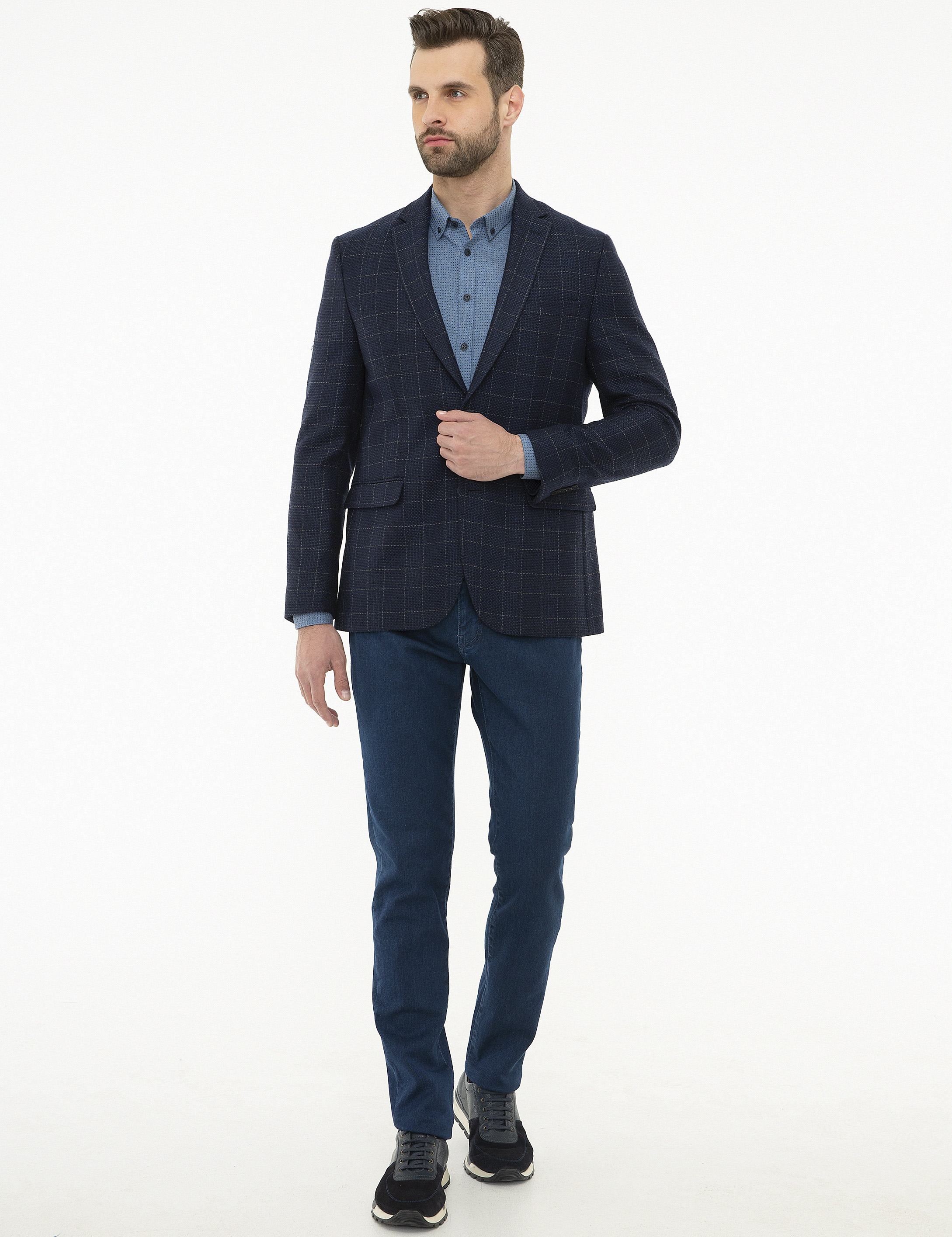 Ekose Lacivert Slim Fit Ceket