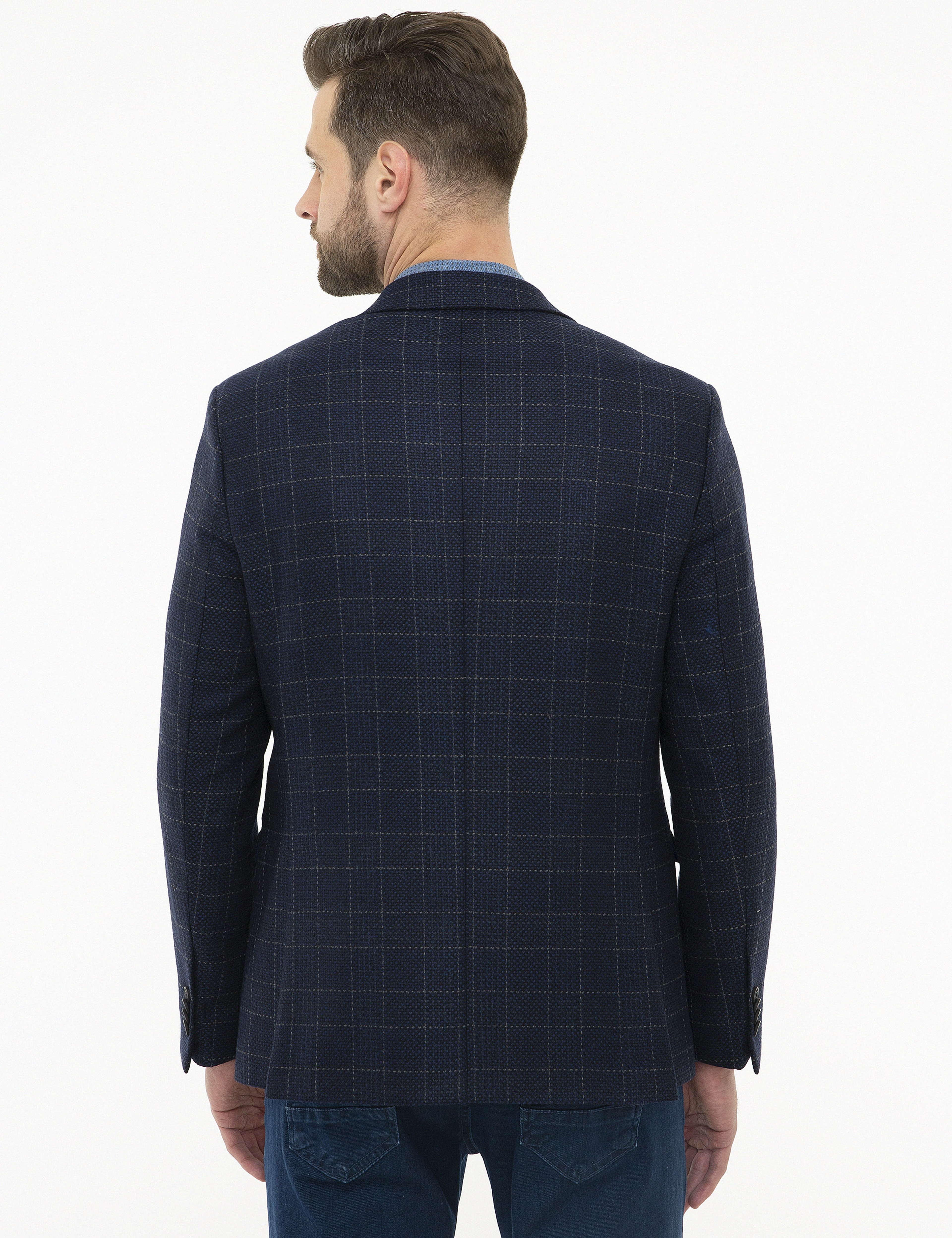 Ekose Lacivert Slim Fit Ceket - Image 4