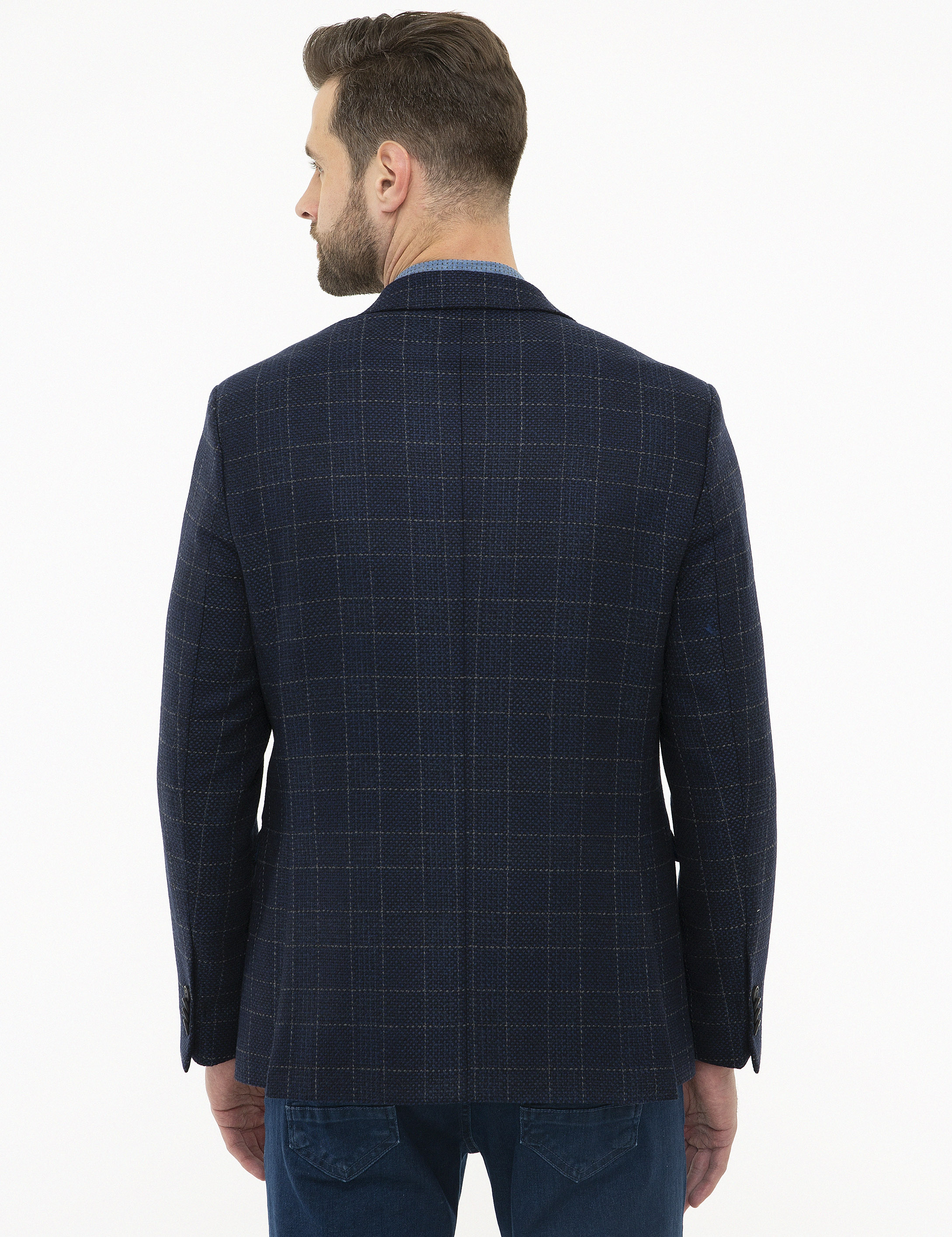 Ekose Lacivert Slim Fit Ceket