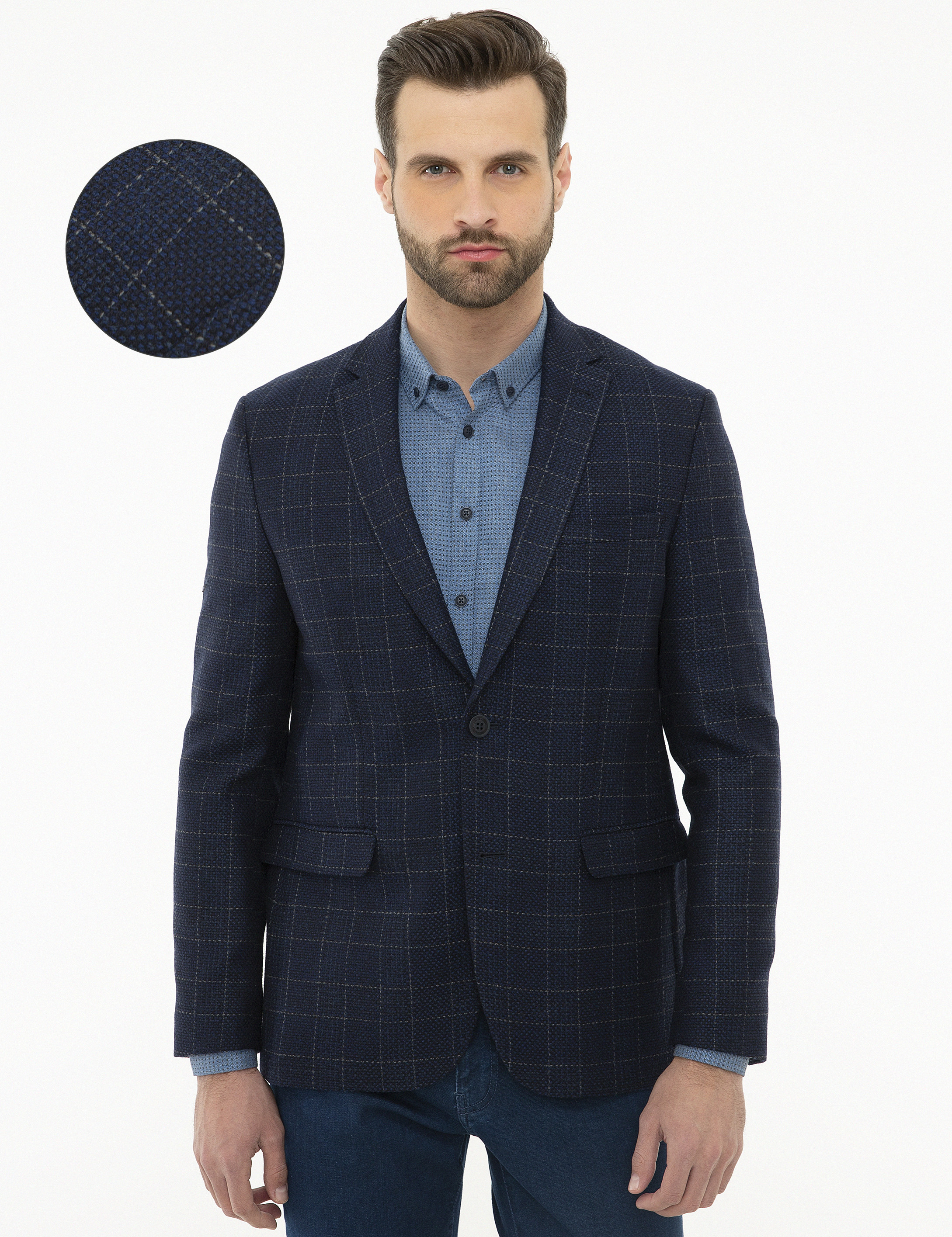 Ekose Lacivert Slim Fit Ceket