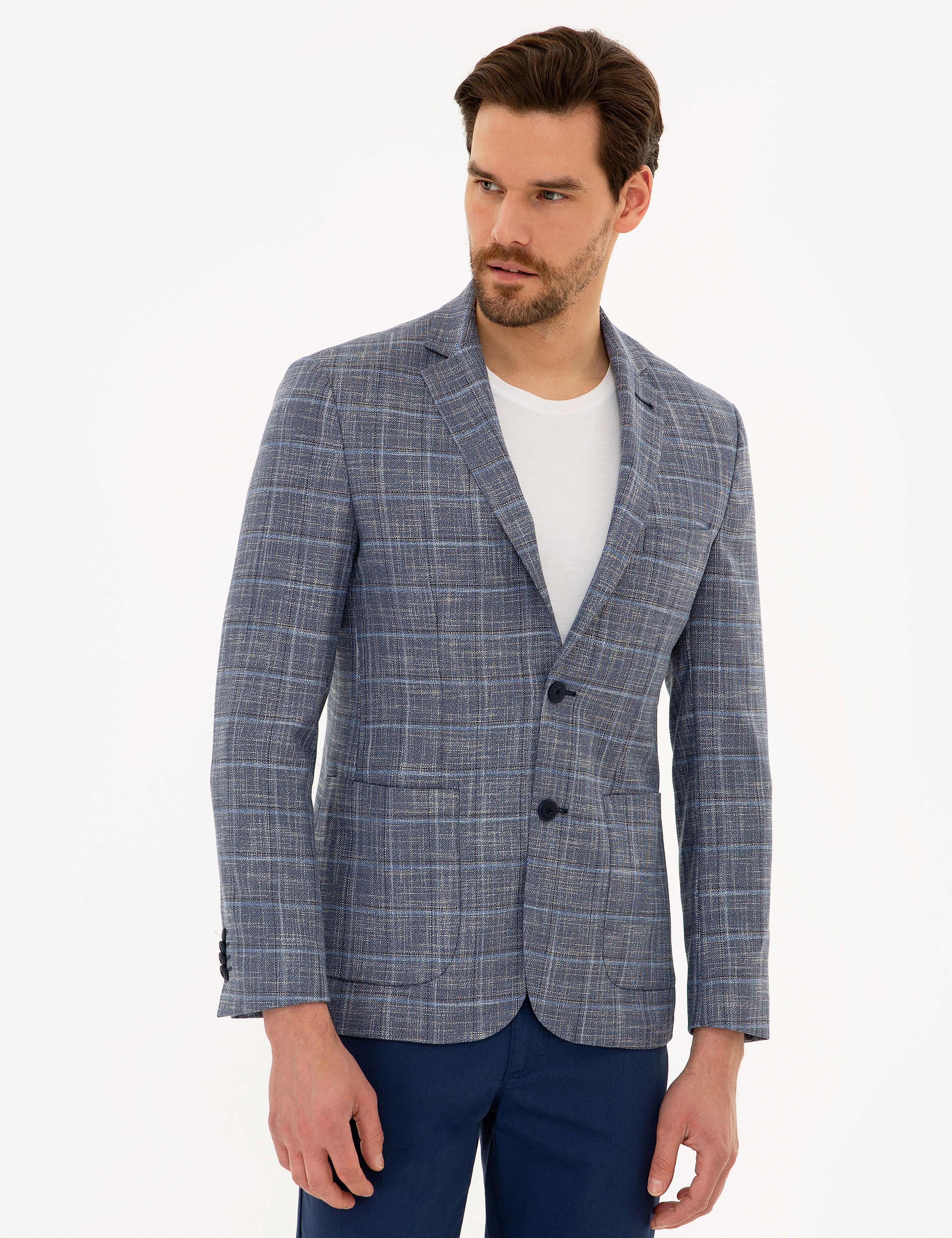 Ekose Koyu Mavi Slim Fit Ceket - Image 3