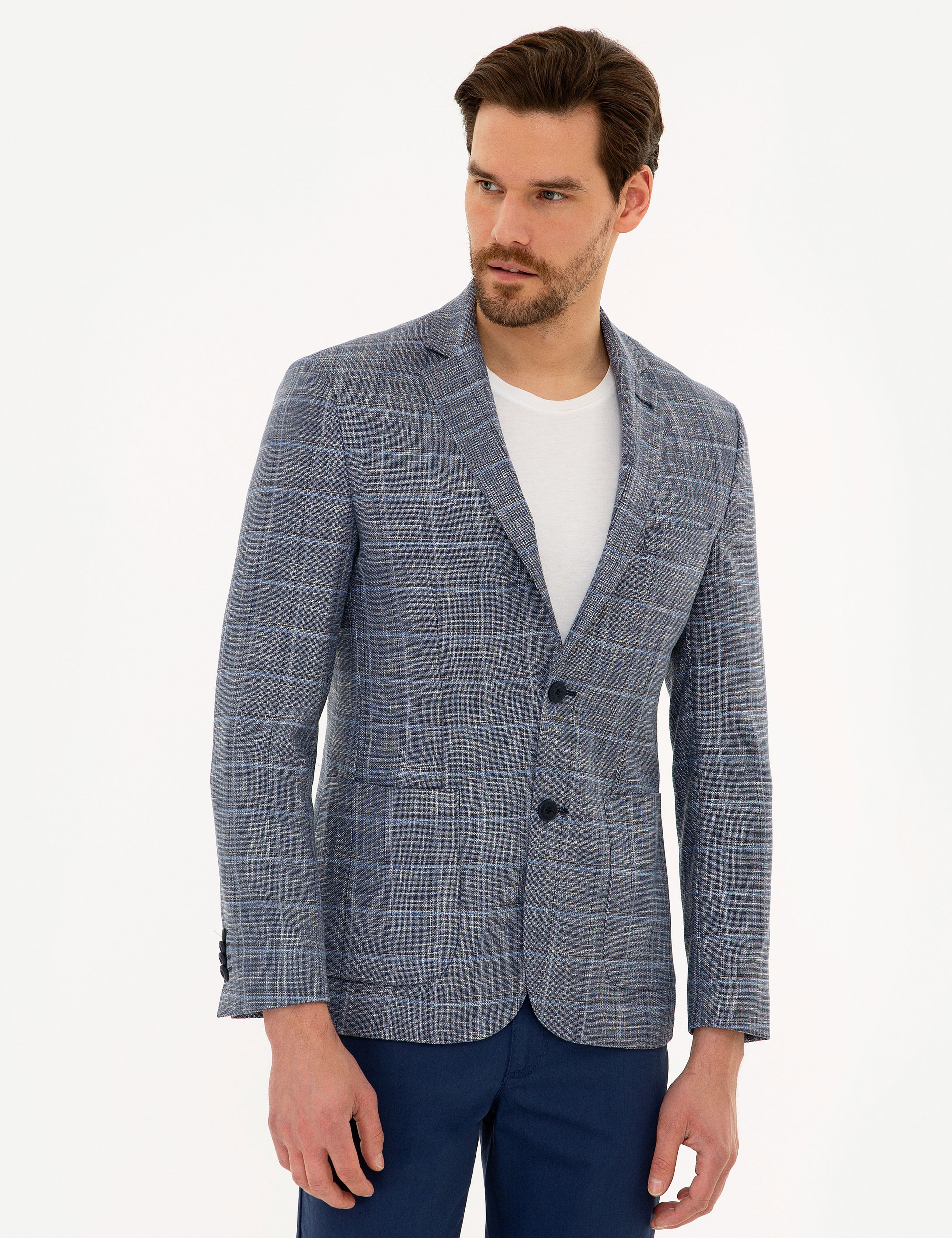 Ekose Koyu Mavi Slim Fit Ceket