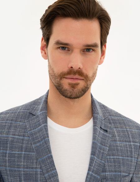 Ekose Koyu Mavi Slim Fit Ceket - 50226219083