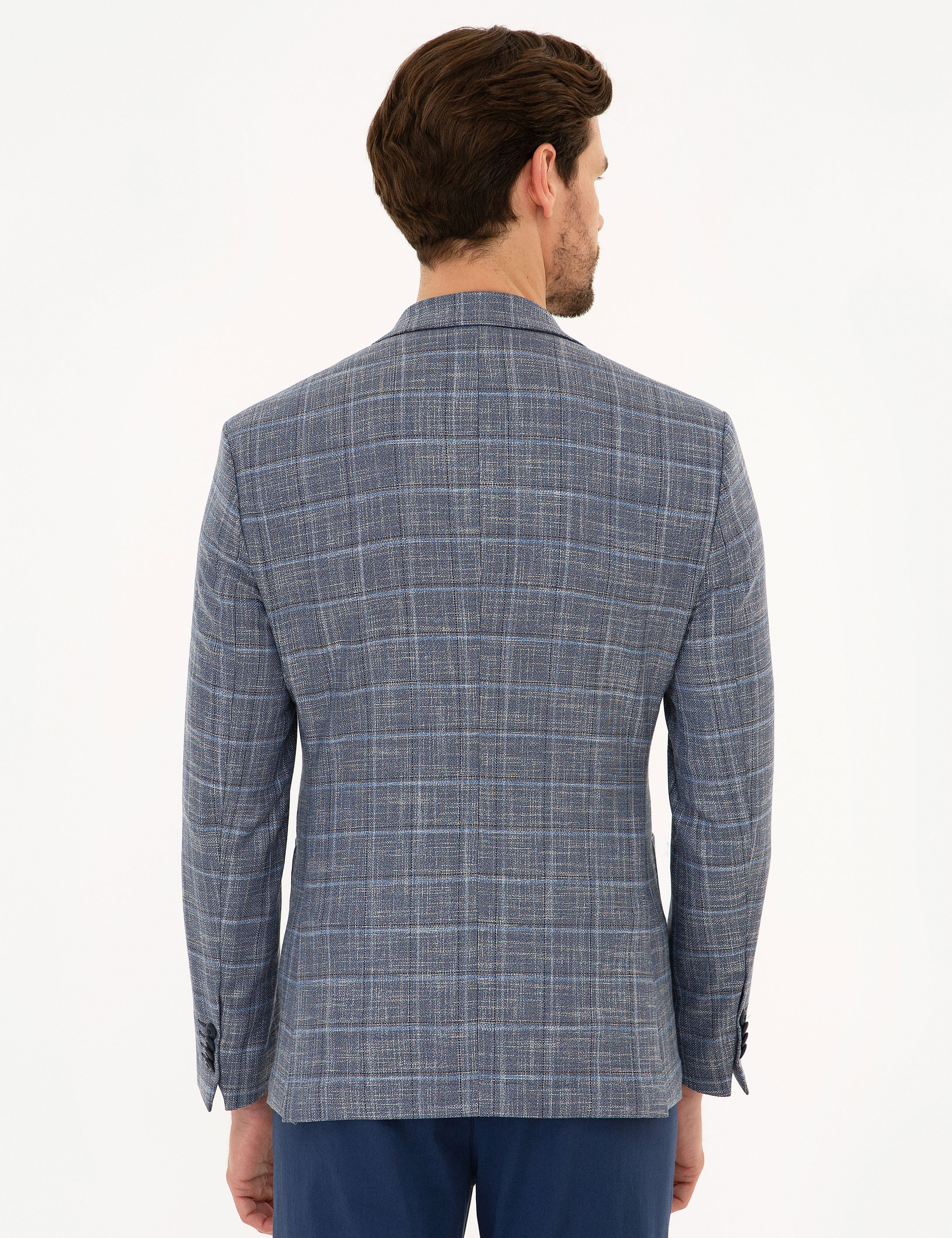 Ekose Koyu Mavi Slim Fit Ceket - Image 4