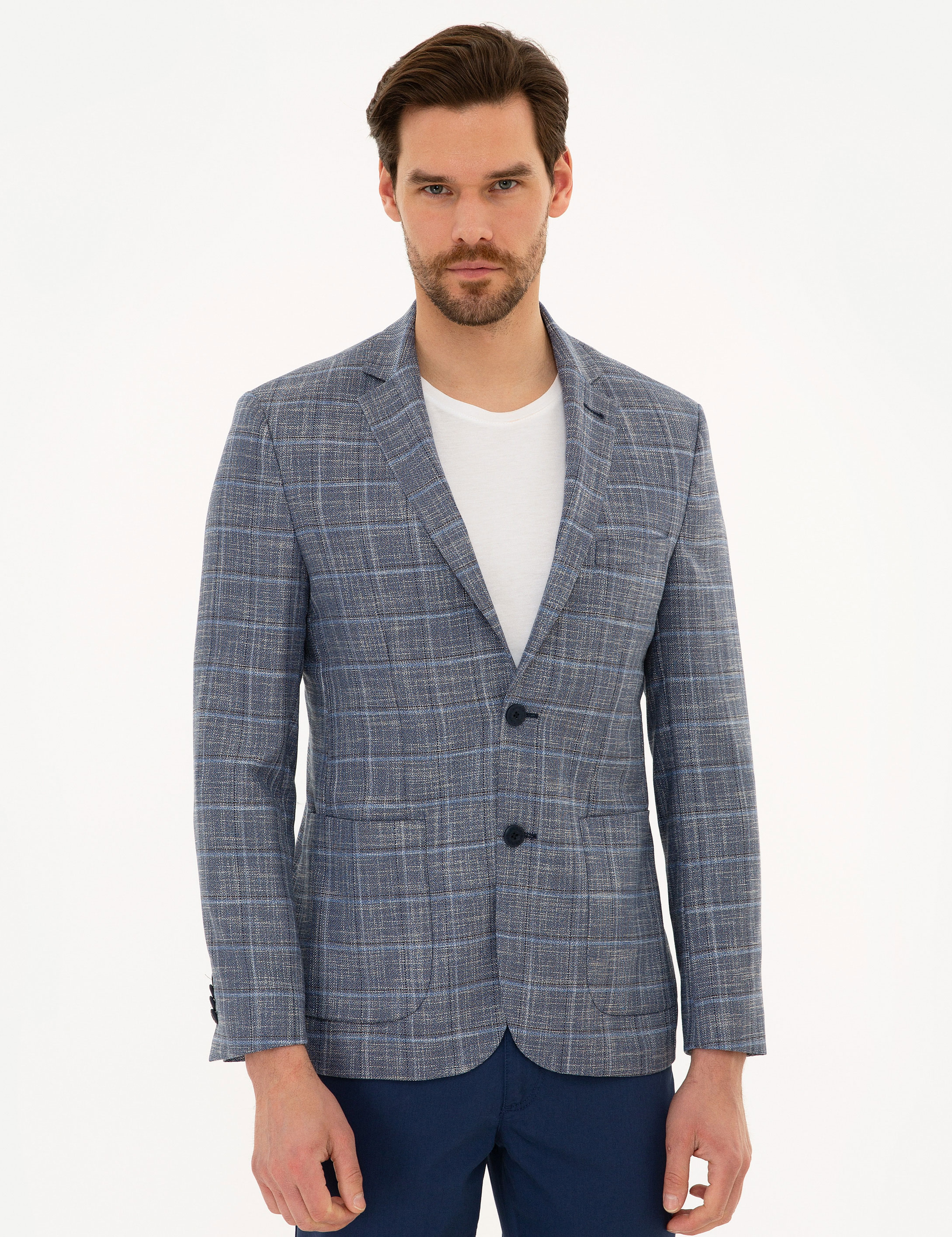 Ekose Koyu Mavi Slim Fit Ceket - Image 1