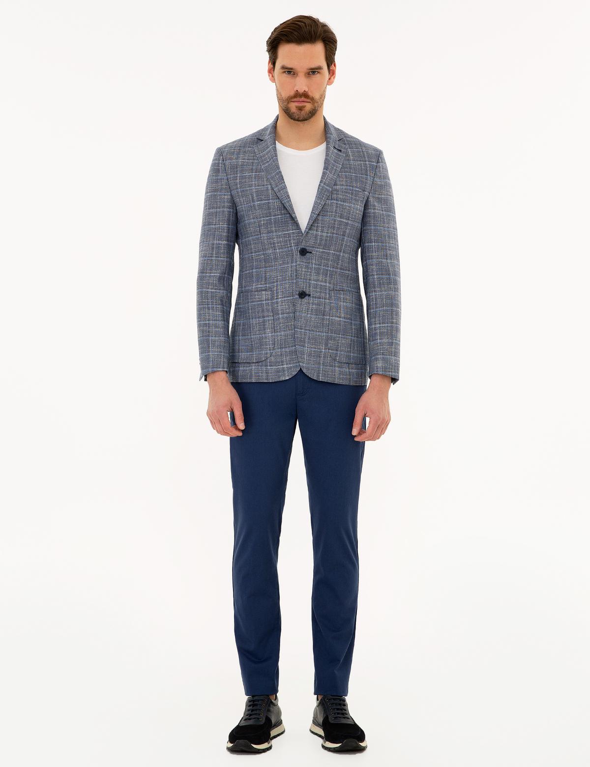 Ekose Koyu Mavi Slim Fit Ceket - 50226219083