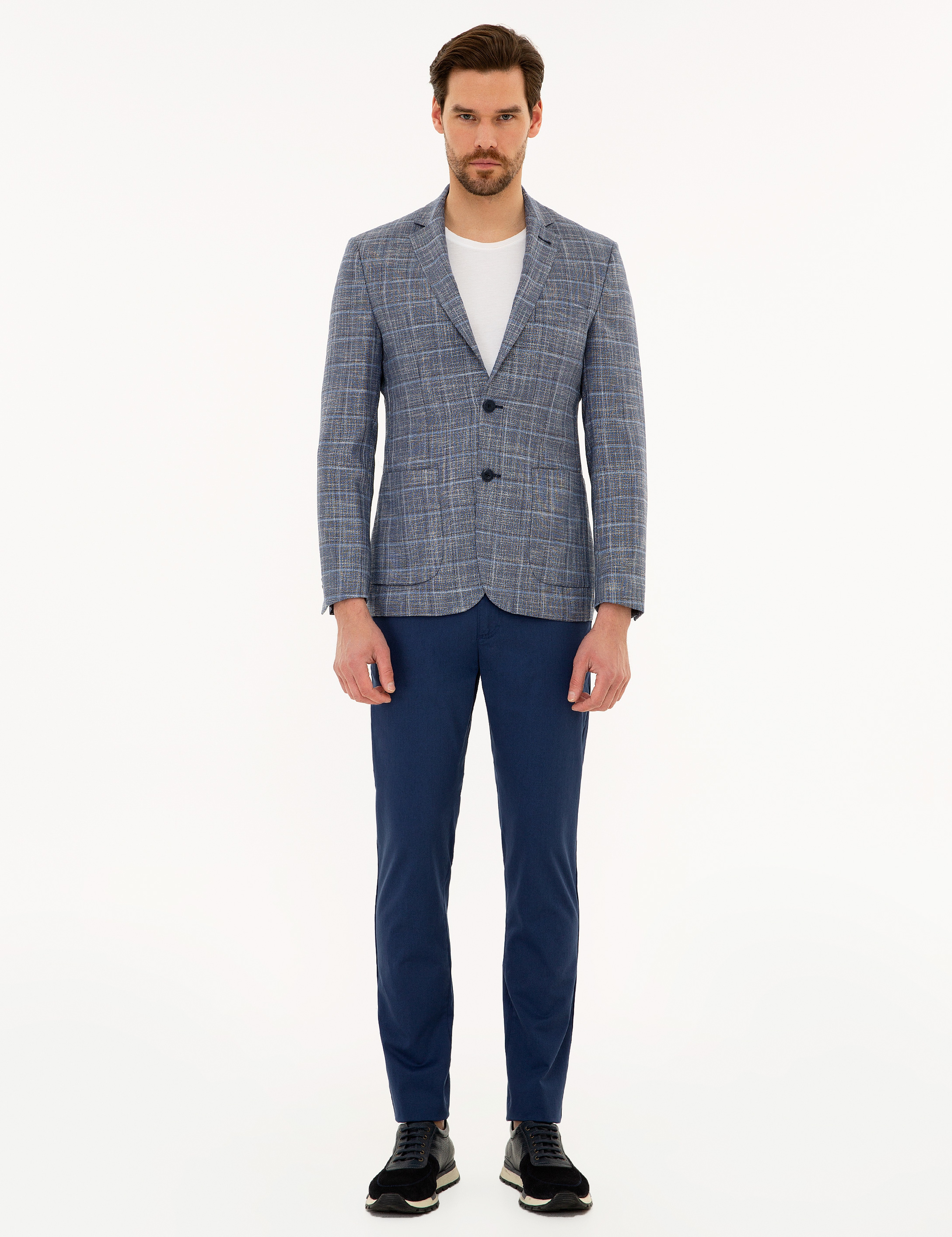 Ekose Koyu Mavi Slim Fit Ceket - Image 5