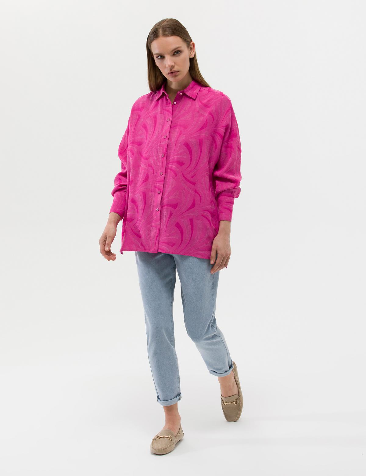 Pembe Keten Karışımlı Oversize Gömlek - 50262545008
