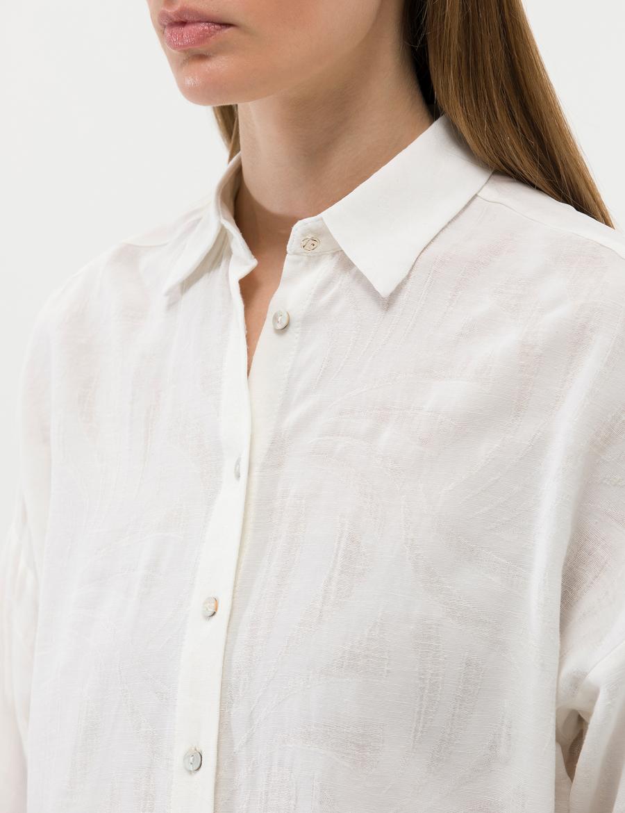 Ekru Keten Karışımlı Oversize Gömlek