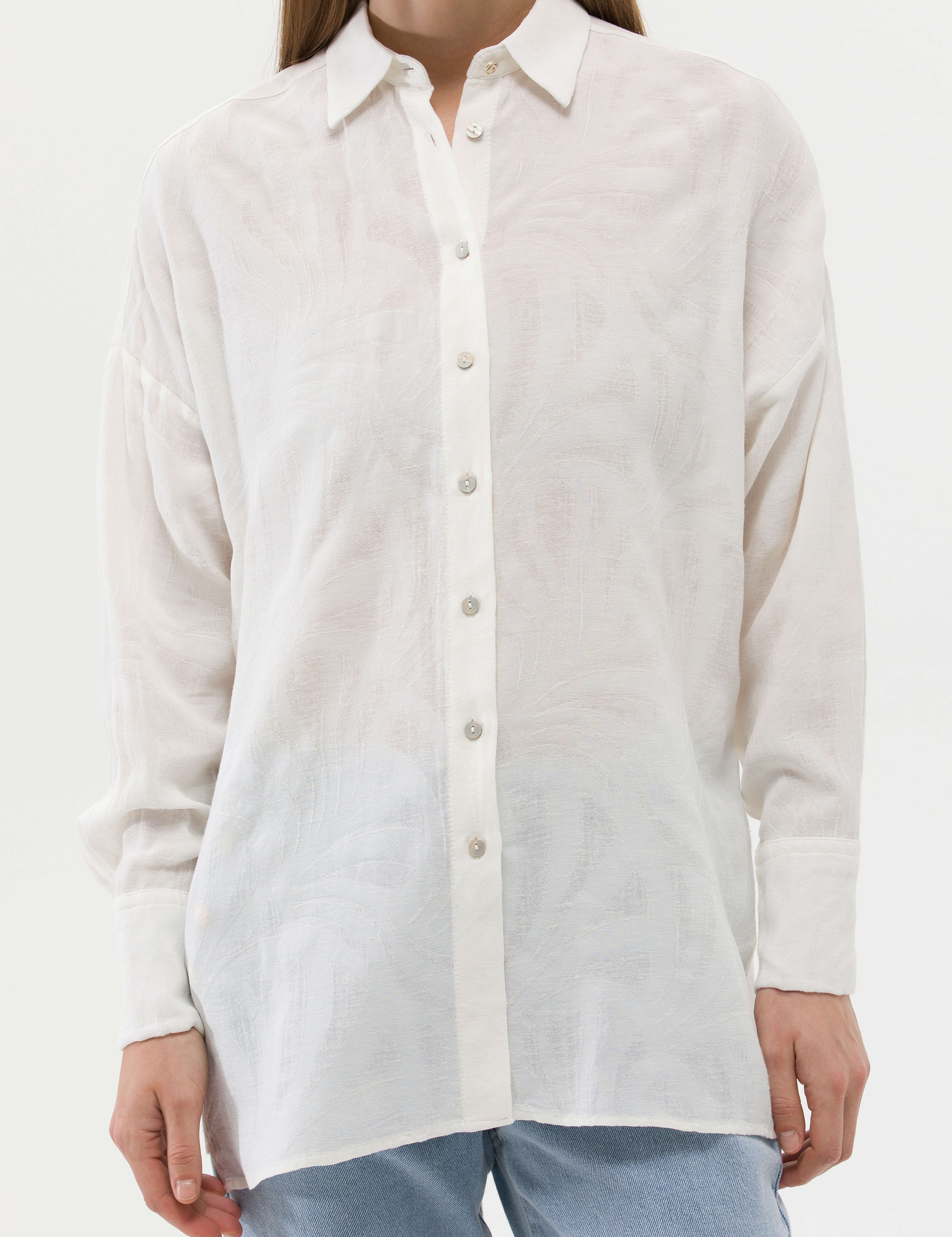 Ekru Keten Karışımlı Oversize Gömlek - Image 6