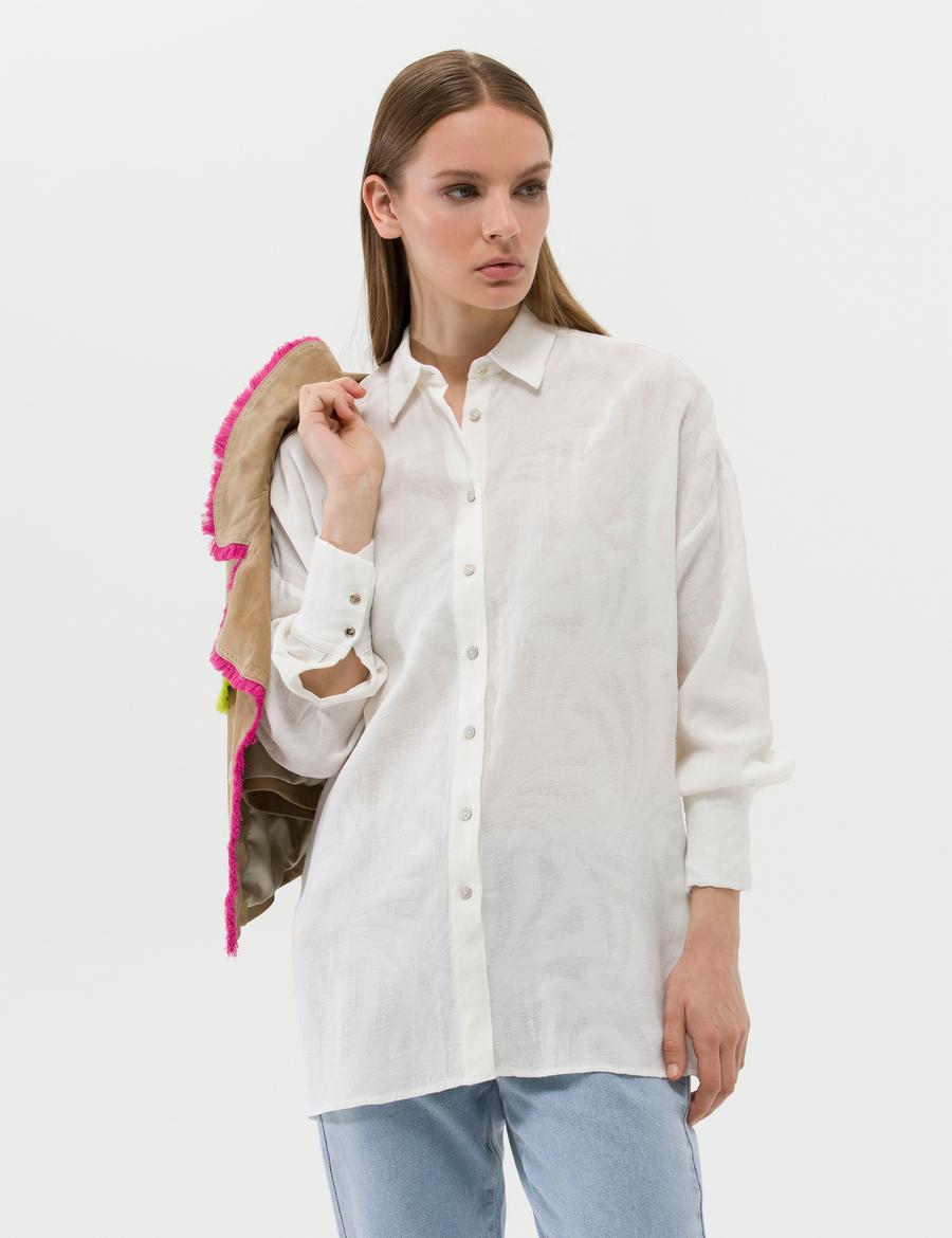 Ekru Keten Karışımlı Oversize Gömlek
