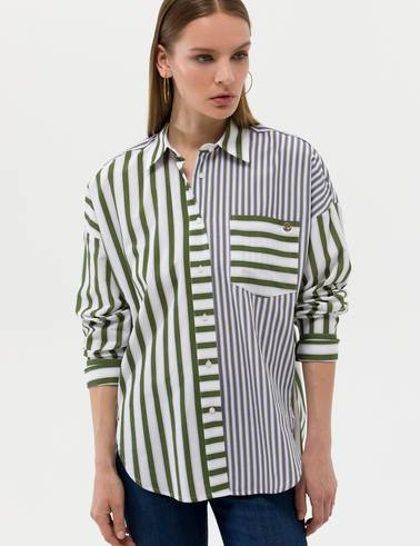 Yeşil Çizgili Oversize Uzun Kollu Gömlek