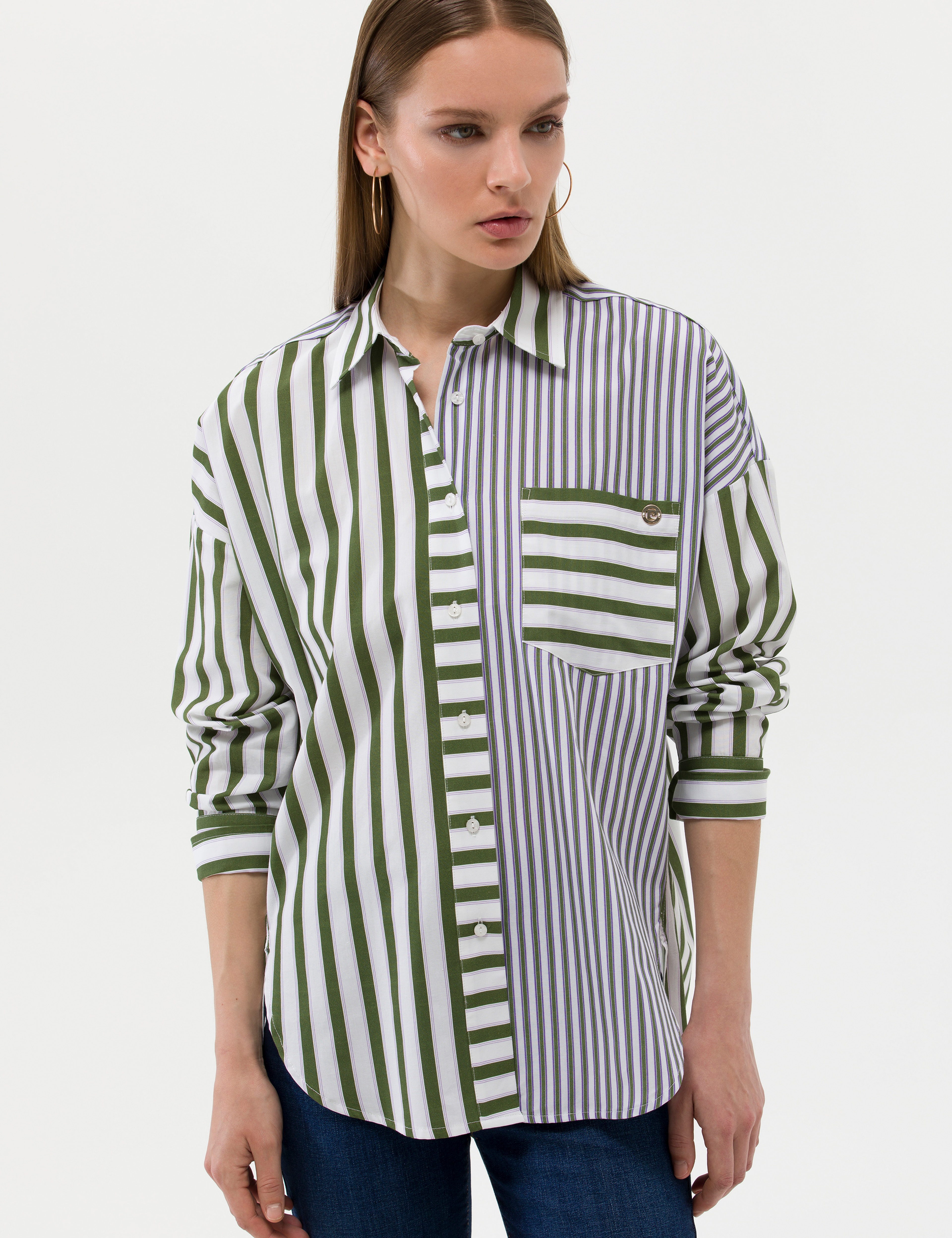 Yeşil Çizgili Oversize Uzun Kollu Gömlek - Image 2