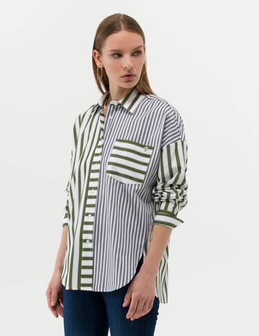 Yeşil Çizgili Oversize Uzun Kollu Gömlek