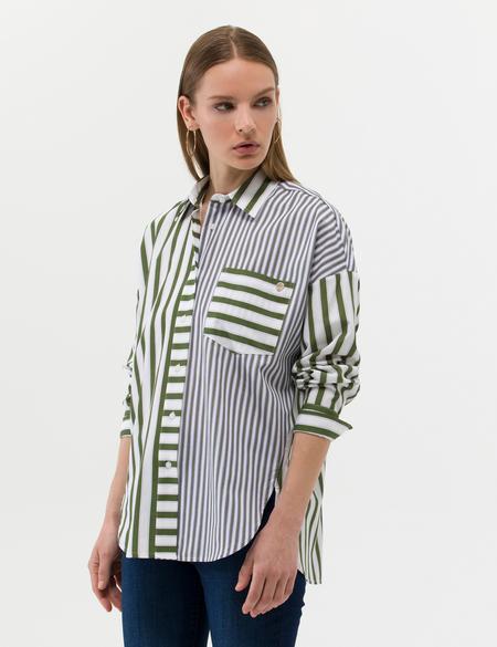 Yeşil Çizgili Oversize Uzun Kollu Gömlek - 50262692015