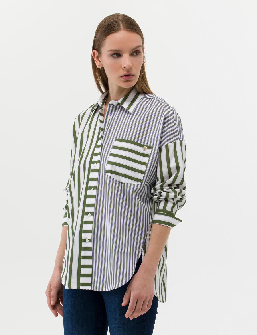 Yeşil Çizgili Oversize Uzun Kollu Gömlek