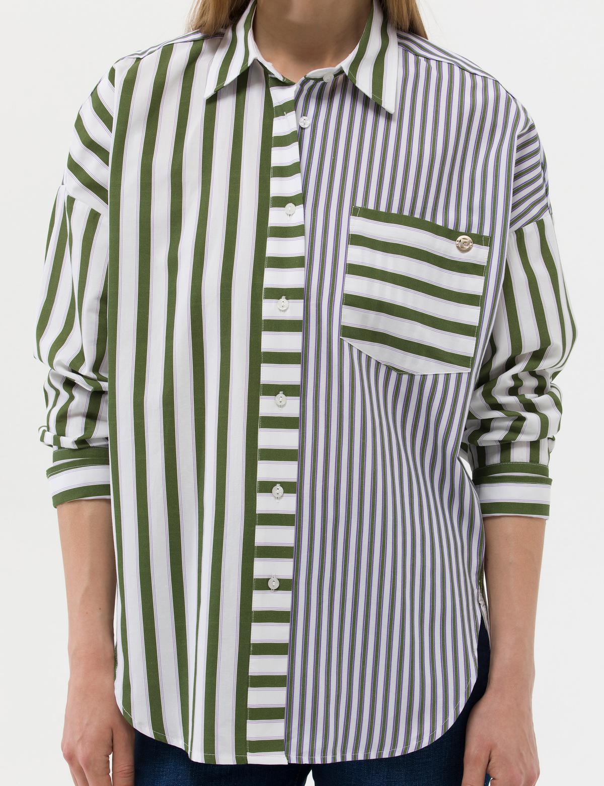 Yeşil Çizgili Oversize Uzun Kollu Gömlek - 50262692015