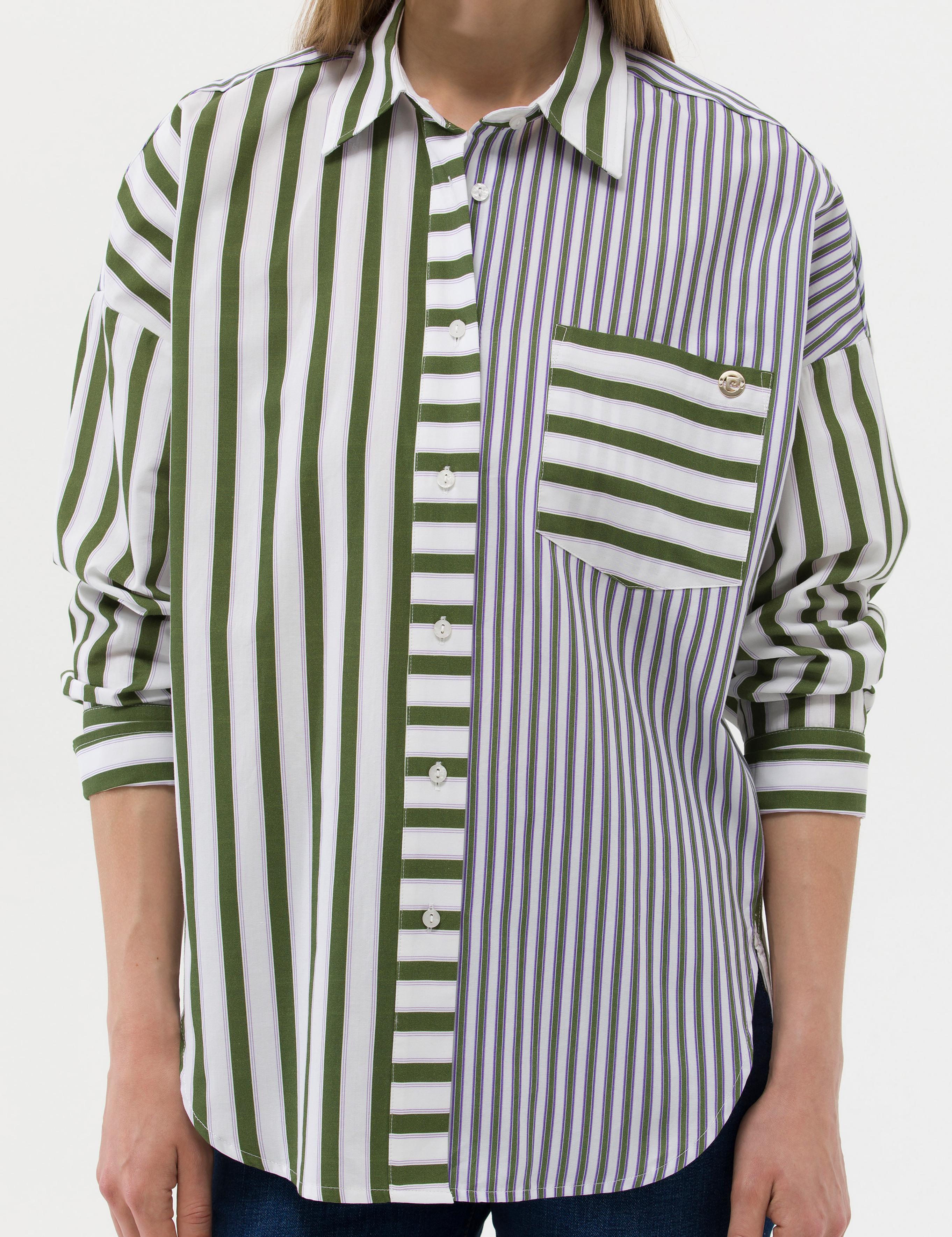 Yeşil Çizgili Oversize Uzun Kollu Gömlek