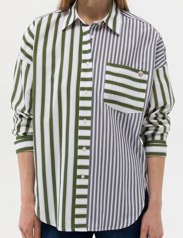 Yeşil Çizgili Oversize Uzun Kollu Gömlek
