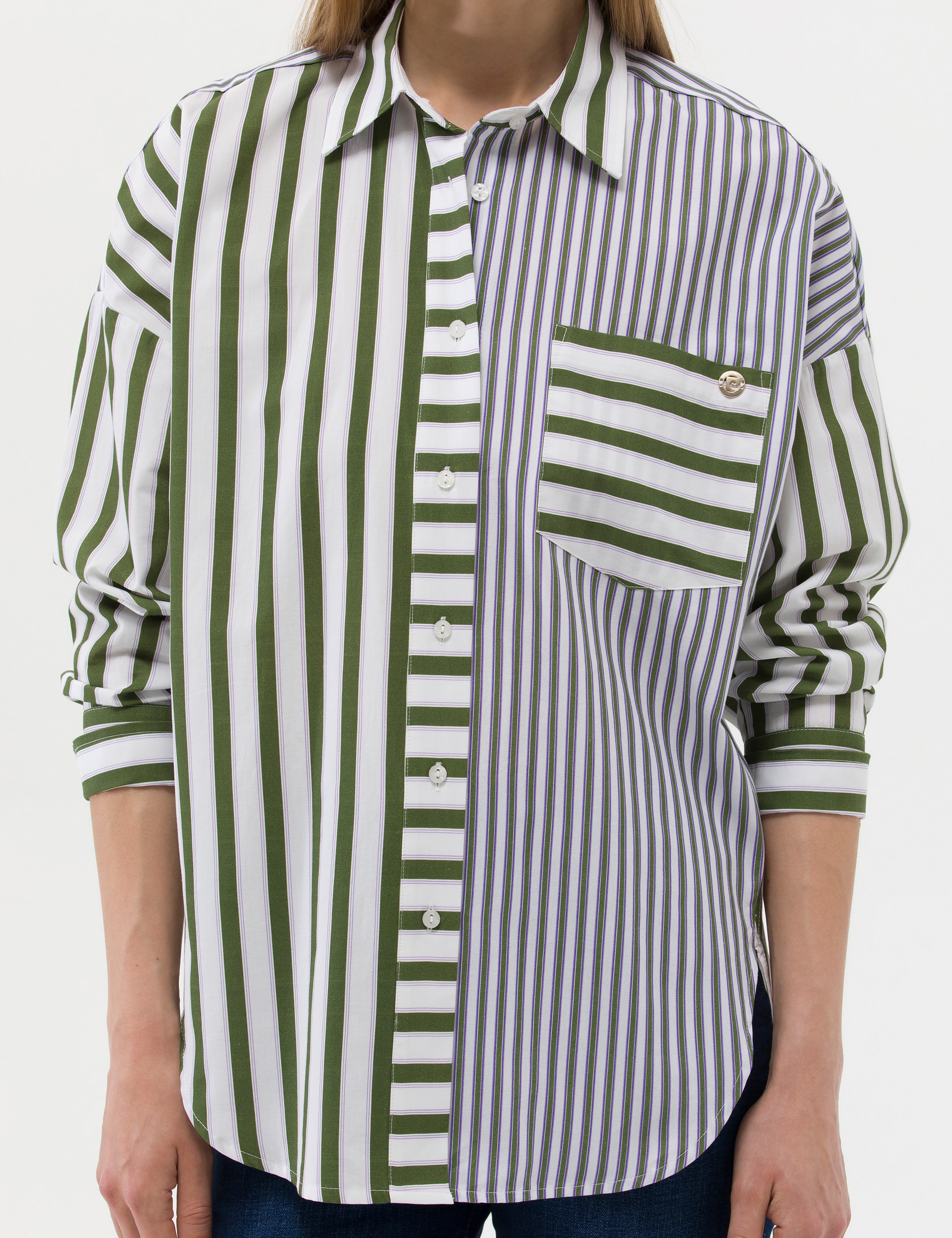 Yeşil Çizgili Oversize Uzun Kollu Gömlek - Image 6