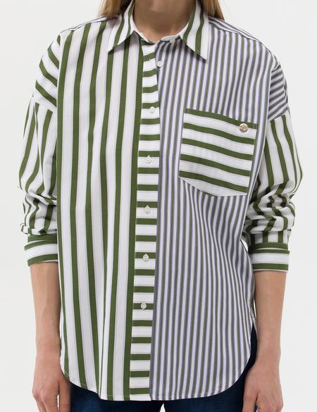 Yeşil Çizgili Oversize Uzun Kollu Gömlek - 50262692015