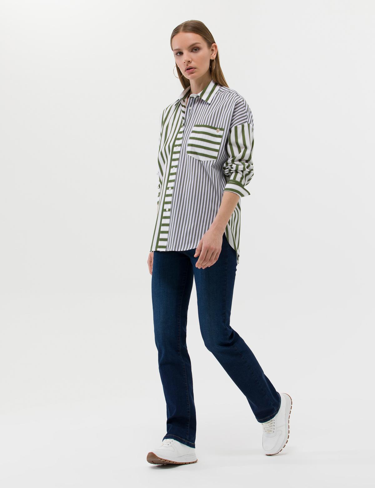 Yeşil Çizgili Oversize Uzun Kollu Gömlek - 50262692015