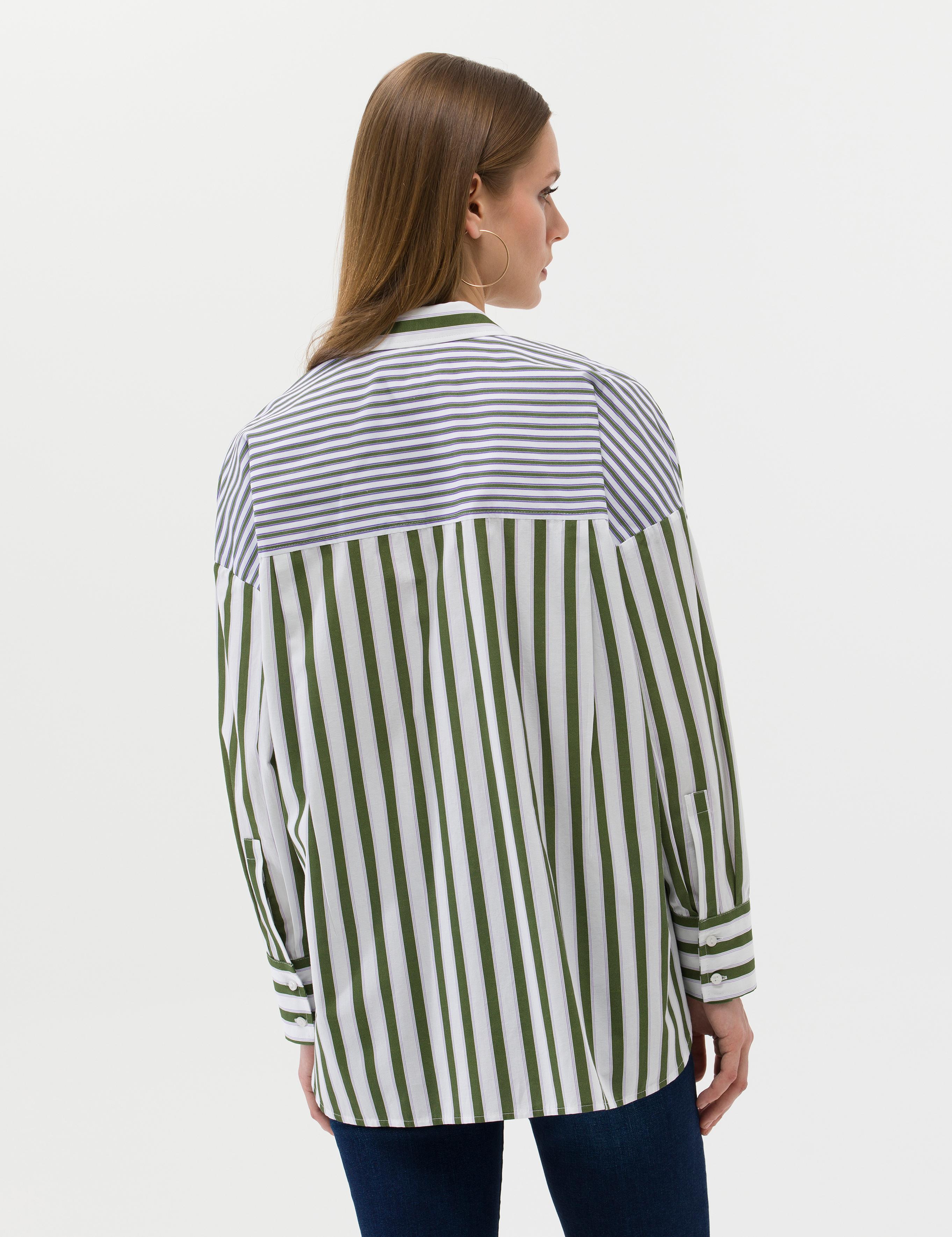 Yeşil Çizgili Oversize Uzun Kollu Gömlek