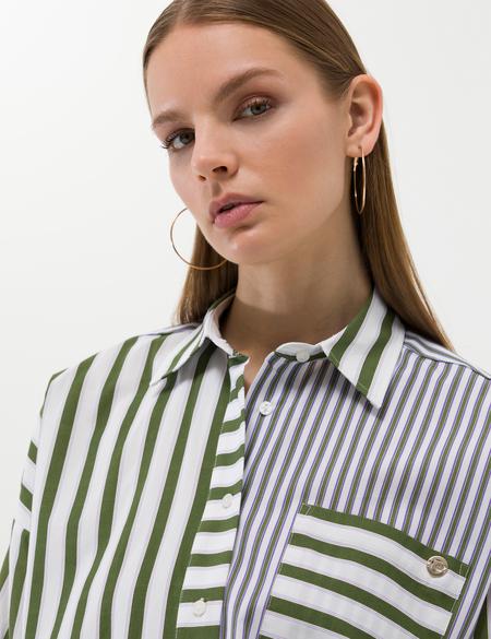 Yeşil Çizgili Oversize Uzun Kollu Gömlek - 50262692015