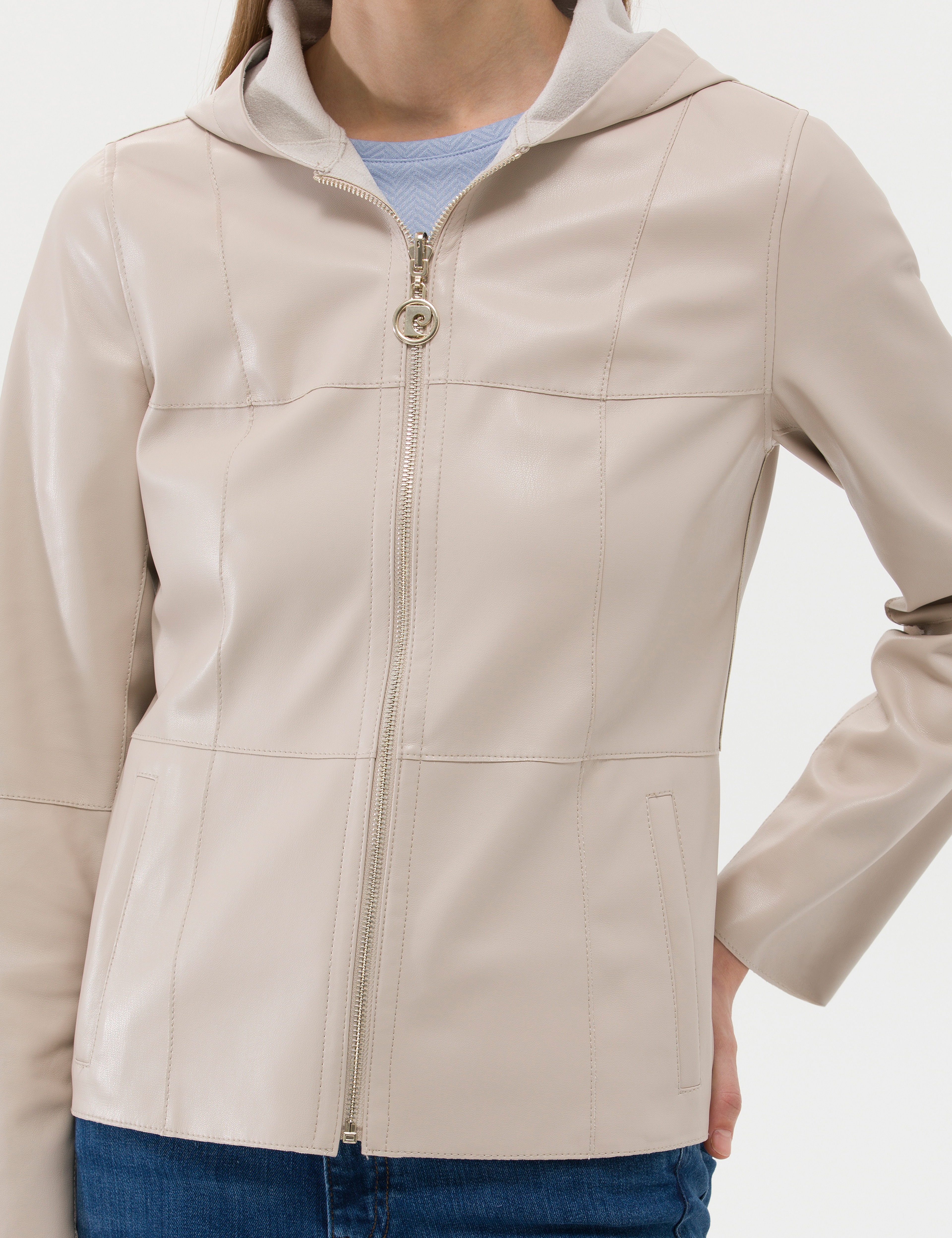 Bej Cropped Slim Suni Deri Ceket - Image 4